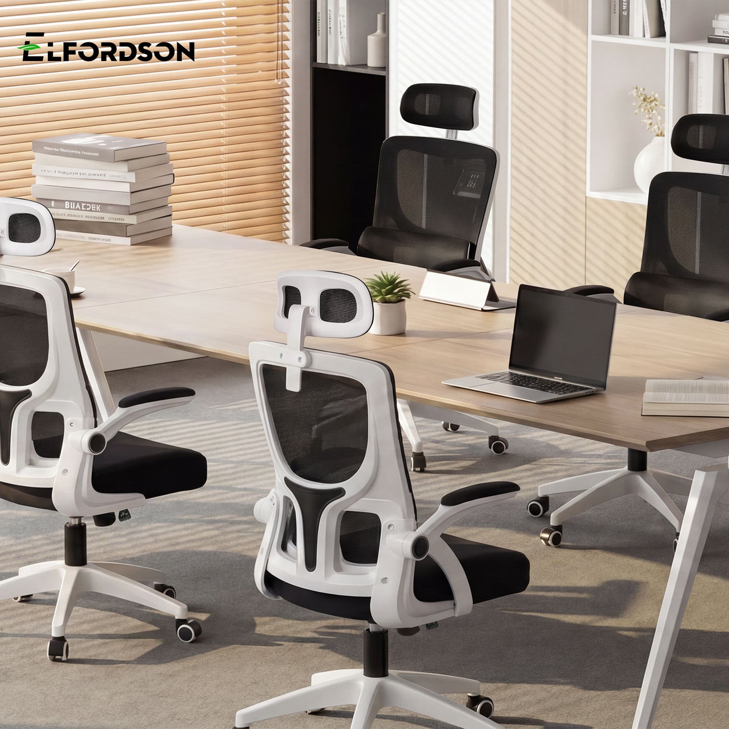ELFORDSON Mesh Office Chair Executive Computer Fabric Tilt Black and White