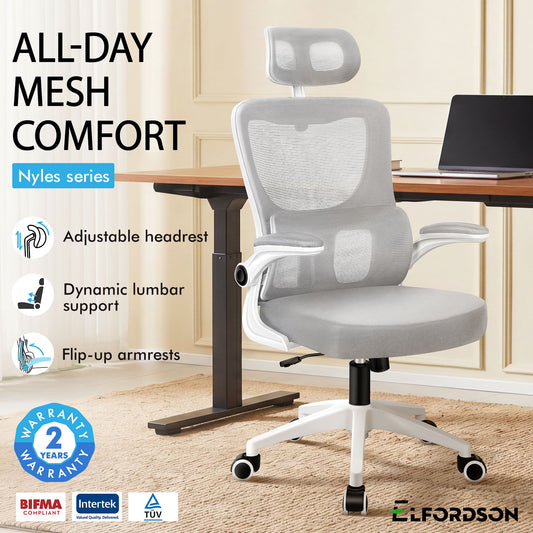 ELFORDSON Mesh Office Chair Executive Computer Fabric Tilt Grey and White