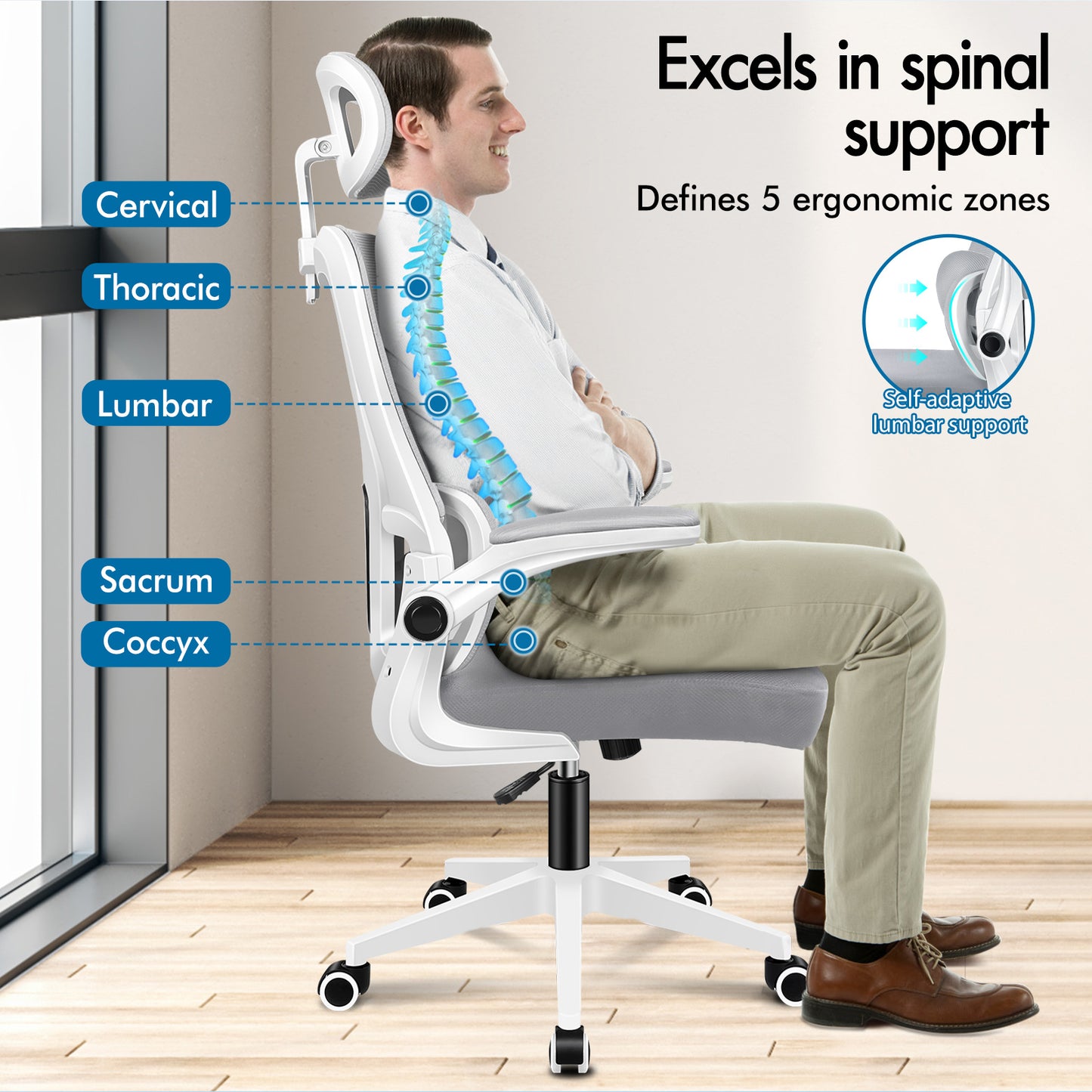 ELFORDSON Mesh Office Chair Executive Computer Fabric Tilt Grey and White