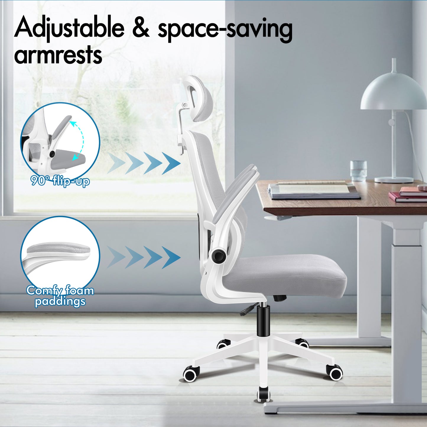 ELFORDSON Mesh Office Chair Executive Computer Fabric Tilt Grey and White