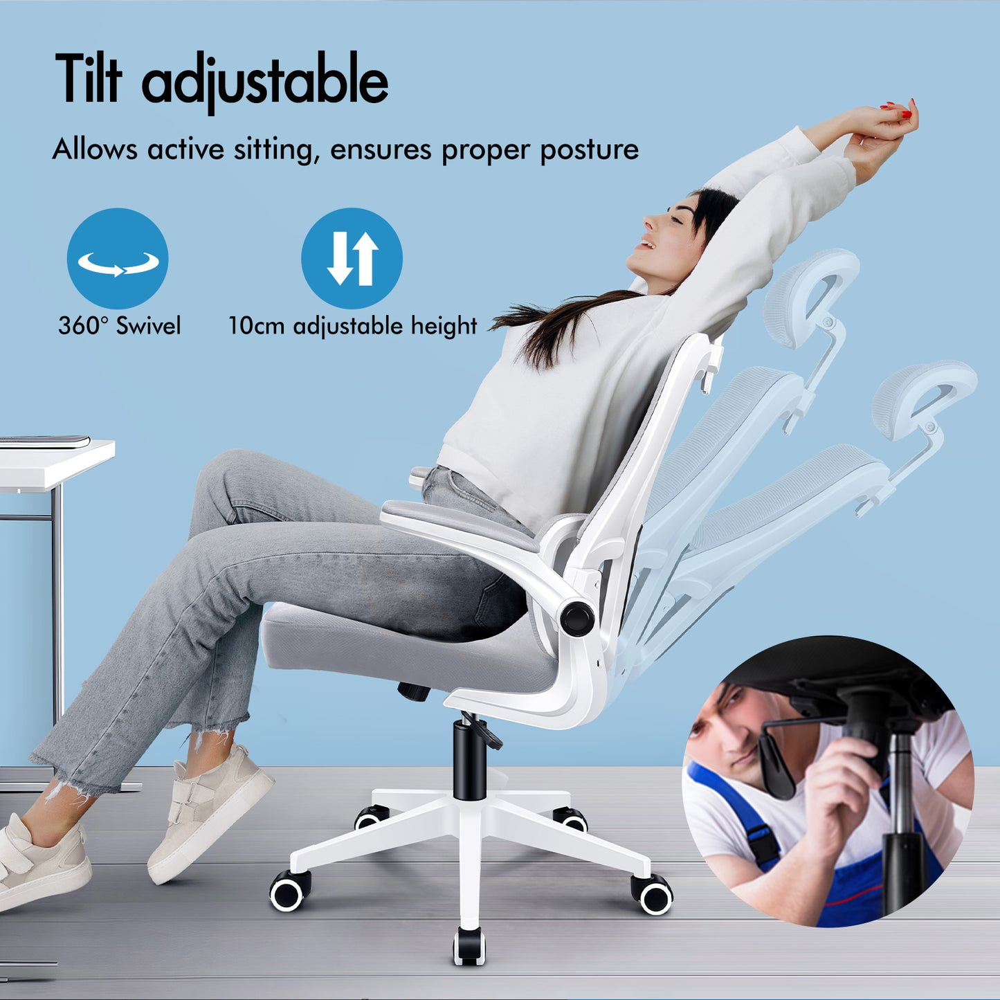 ELFORDSON Mesh Office Chair Executive Computer Fabric Tilt Grey and White