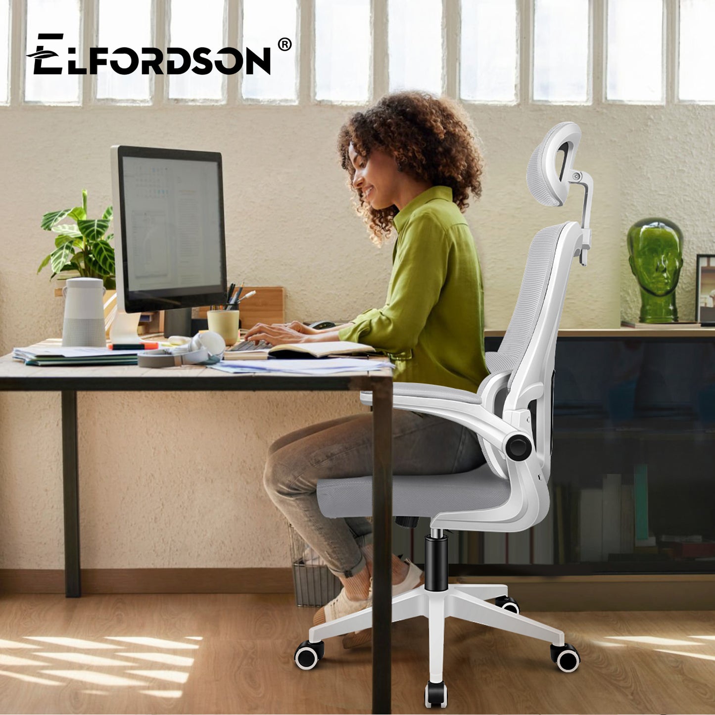 ELFORDSON Mesh Office Chair Executive Computer Fabric Tilt Grey and White