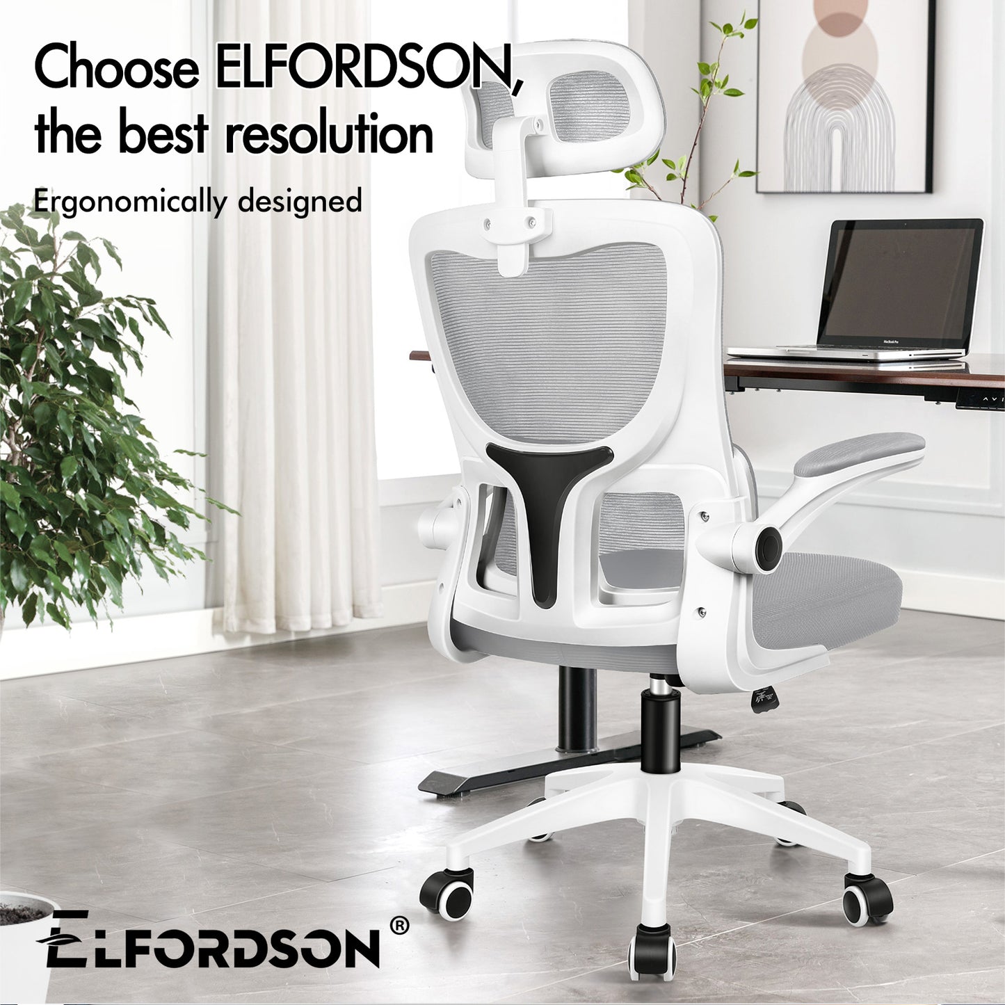 ELFORDSON Mesh Office Chair Executive Computer Fabric Tilt Grey and White