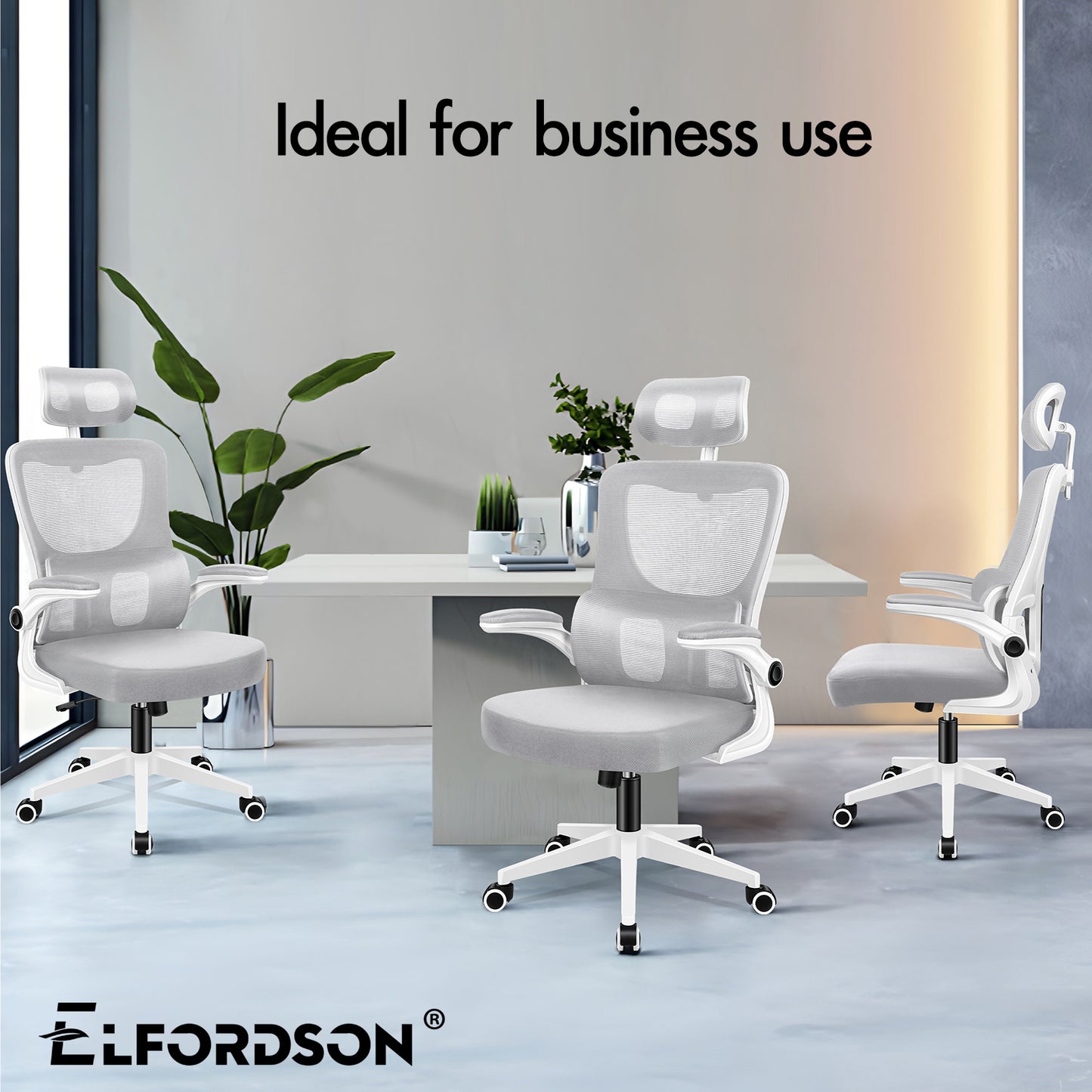 ELFORDSON Mesh Office Chair Executive Computer Fabric Tilt Grey and White