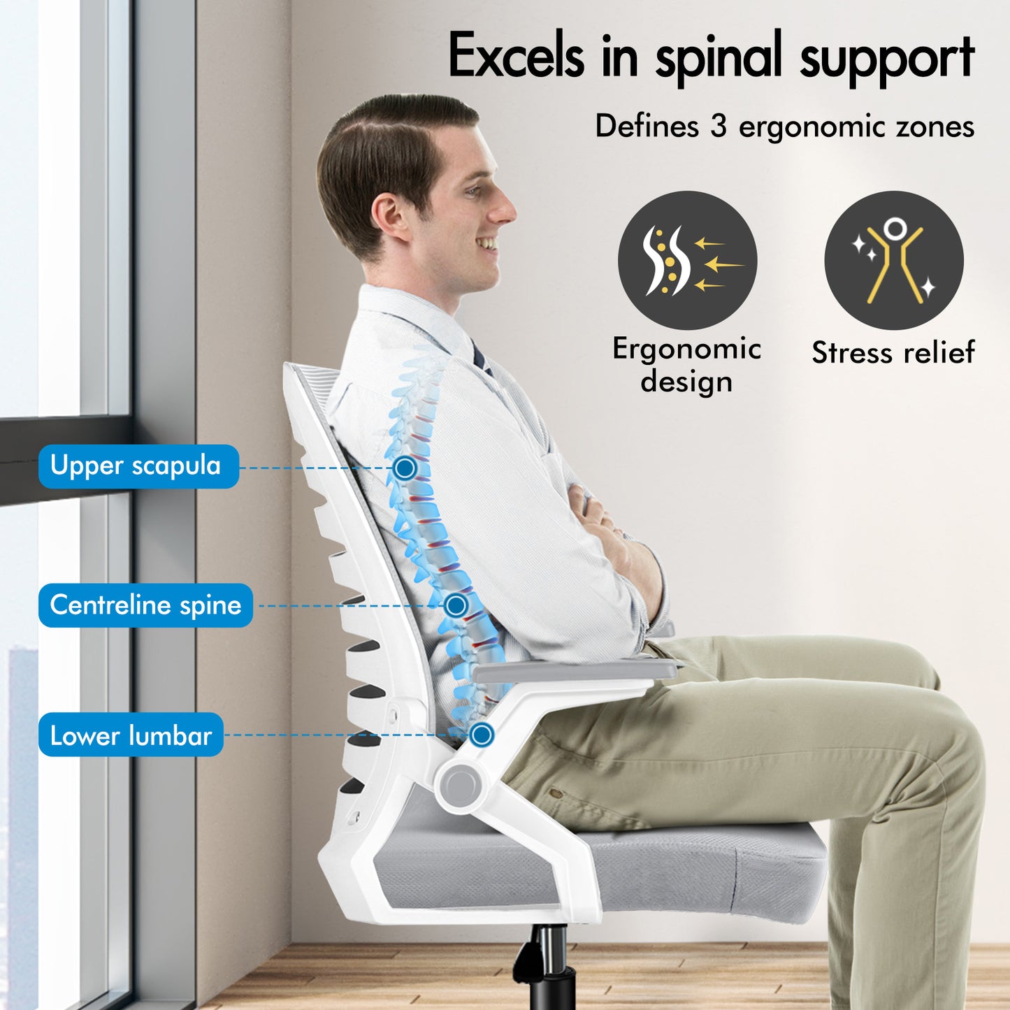 ELFORDSON Mesh Office Chair Executive Computer Seat Work Grey and White