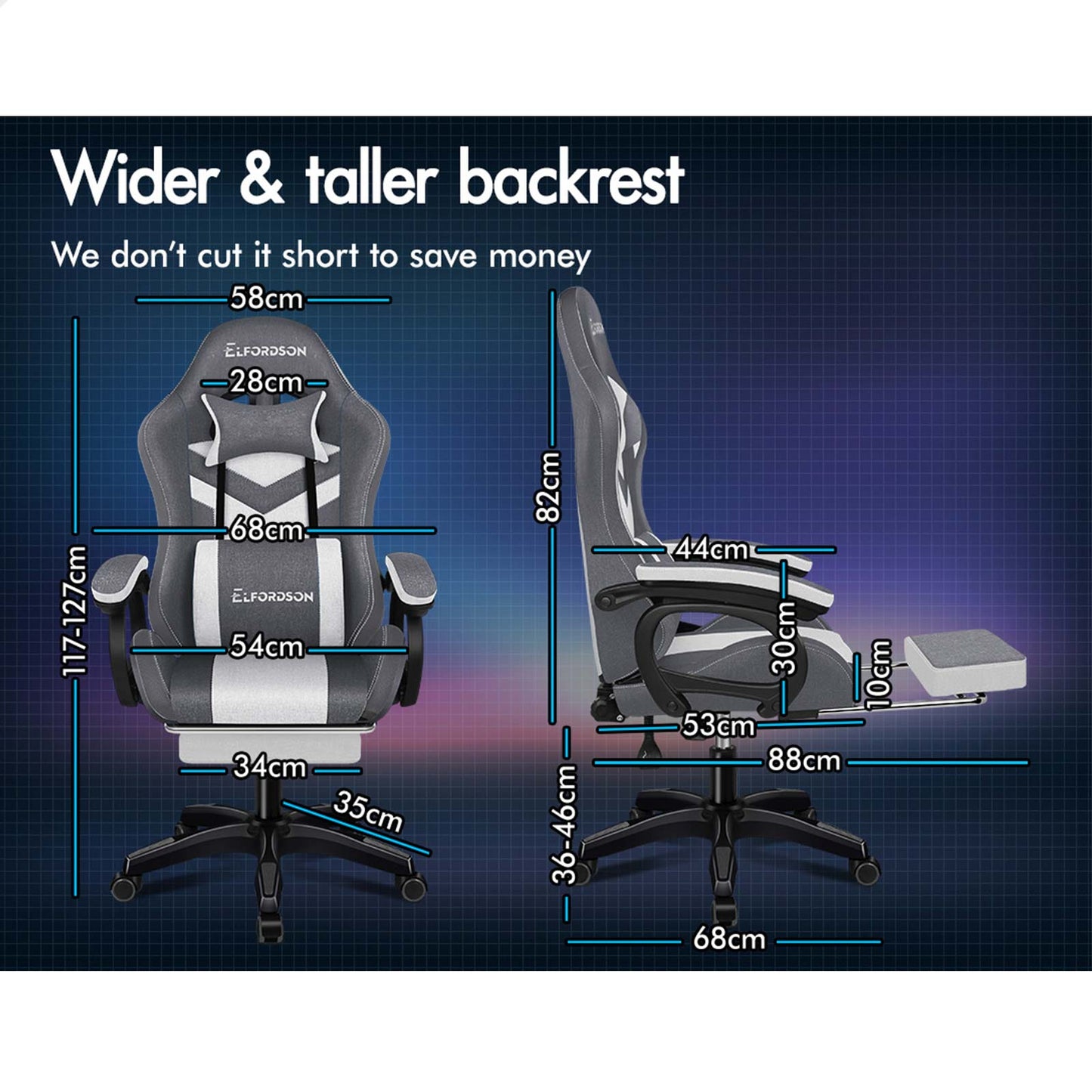 ELFORDSON Gaming Chair Office 12 RGB LED Massage Computer Fabric Seat Grey
