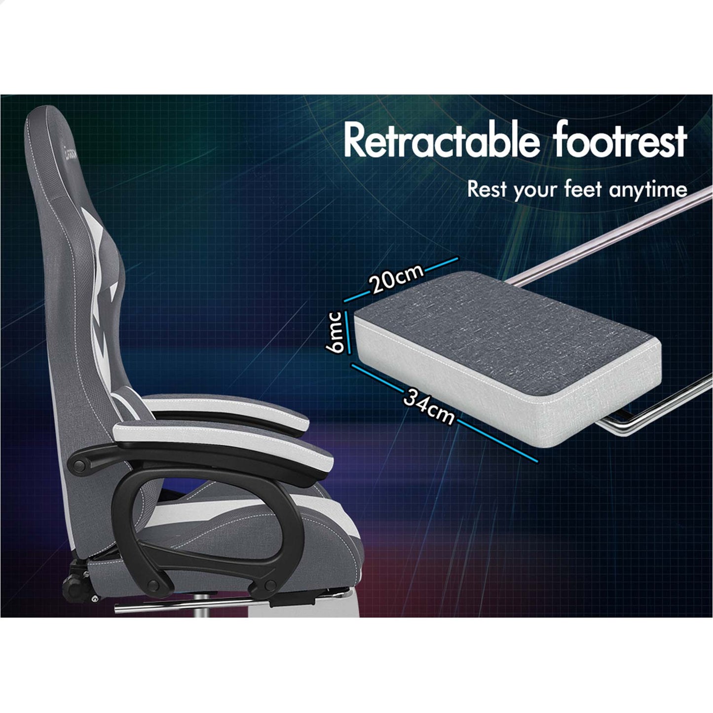 ELFORDSON Gaming Chair Office 12 RGB LED Massage Computer Fabric Seat Grey