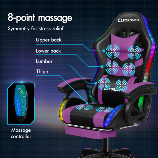 ELFORDSON Gaming Chair with RGB LED Light 8-Point Massage, Purple