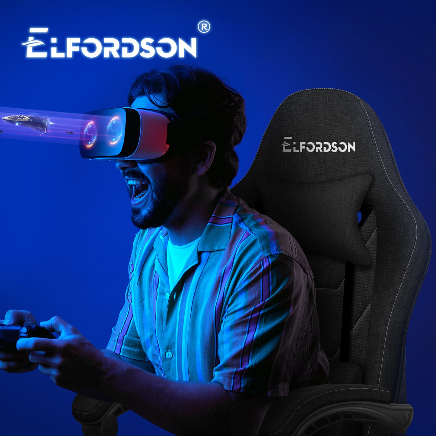 ELFORDSON Gaming Chair with 2-Point Massage Lumbar Cushion, 150° Reclining, Fabric, Black