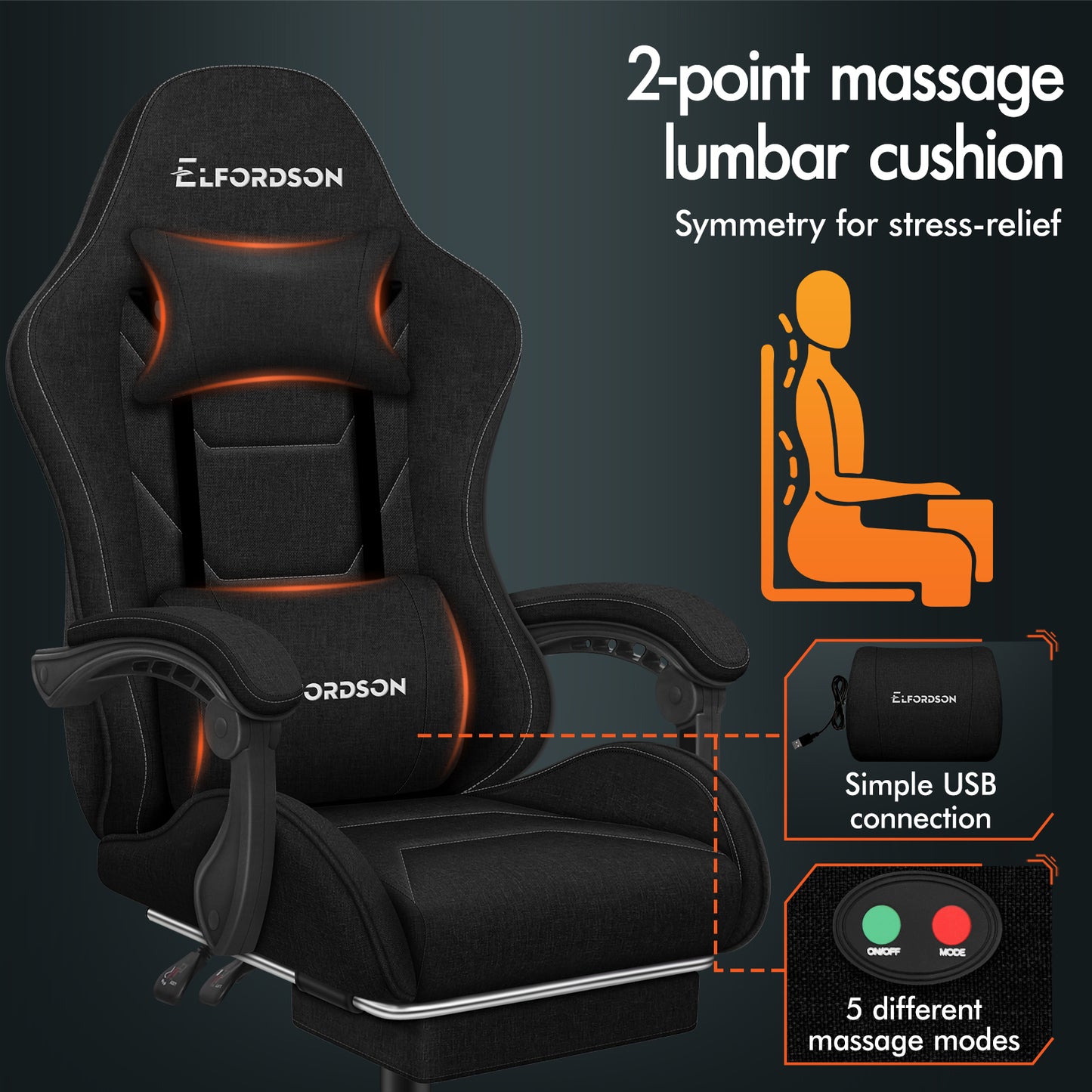 ELFORDSON Gaming Chair with 2-Point Massage Lumbar Cushion, 150° Reclining, Fabric, Black