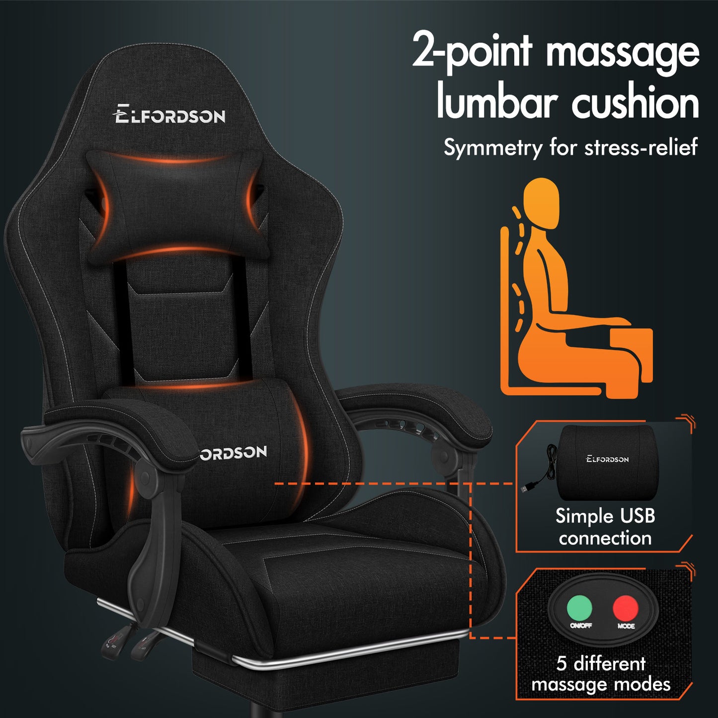 ELFORDSON Gaming Chair with 2-Point Massage Lumbar Cushion, 150° Reclining, Fabric, Black