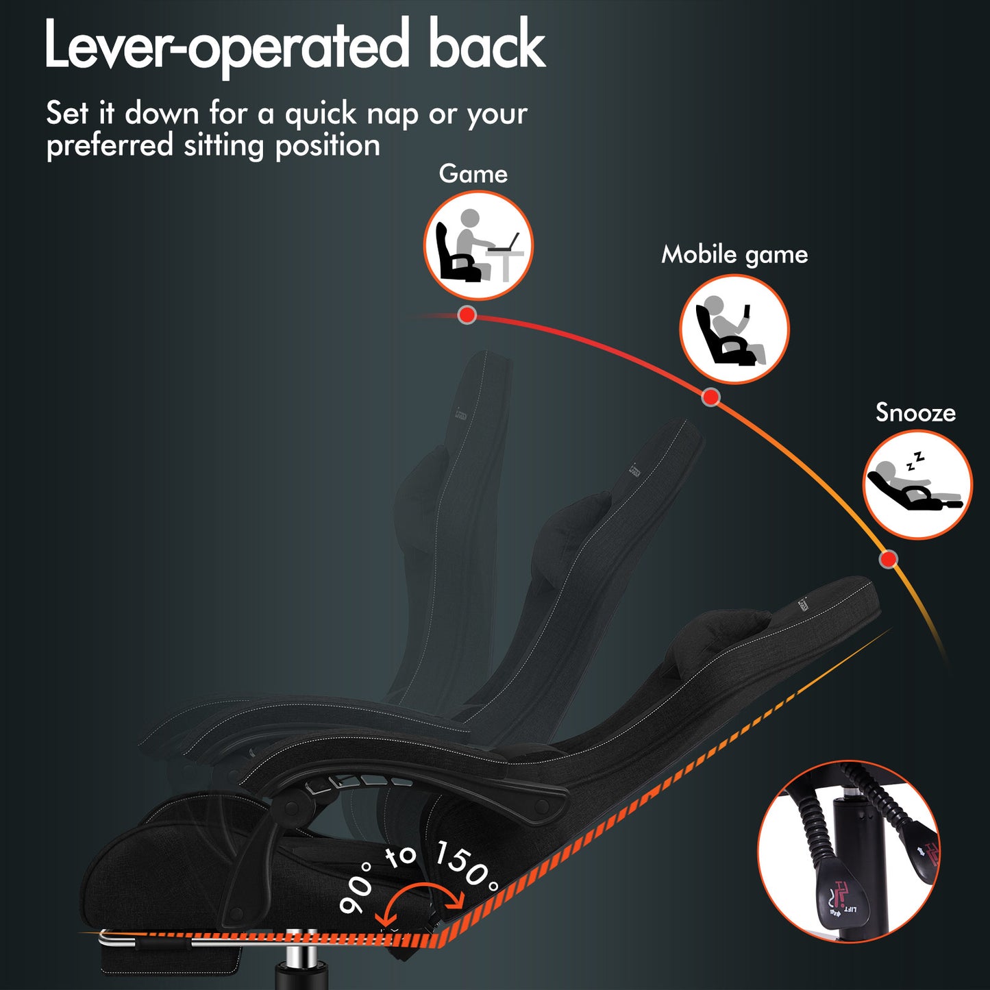 ELFORDSON Gaming Chair with 2-Point Massage Lumbar Cushion, 150° Reclining, Fabric, Black