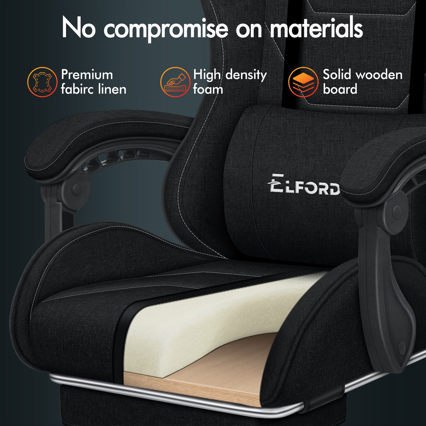 ELFORDSON Gaming Chair with 2-Point Massage Lumbar Cushion, 150° Reclining, Fabric, Black