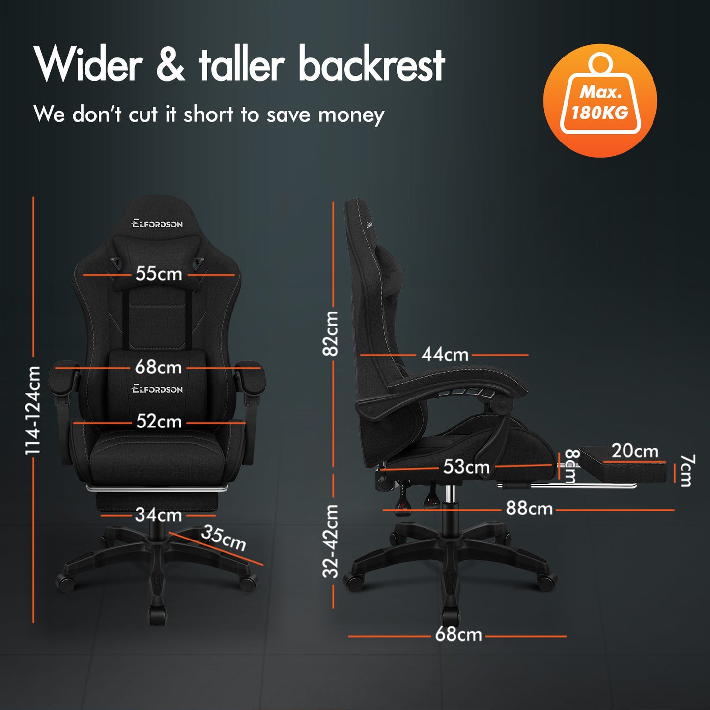 ELFORDSON Gaming Chair with 2-Point Massage Lumbar Cushion, 150° Reclining, Fabric, Black