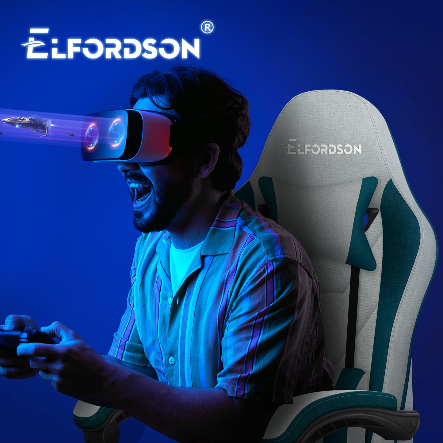 ELFORDSON Gaming Chair with 2-Point Massage Lumbar Cushion, 150° Reclining, Fabric, Dark Teal