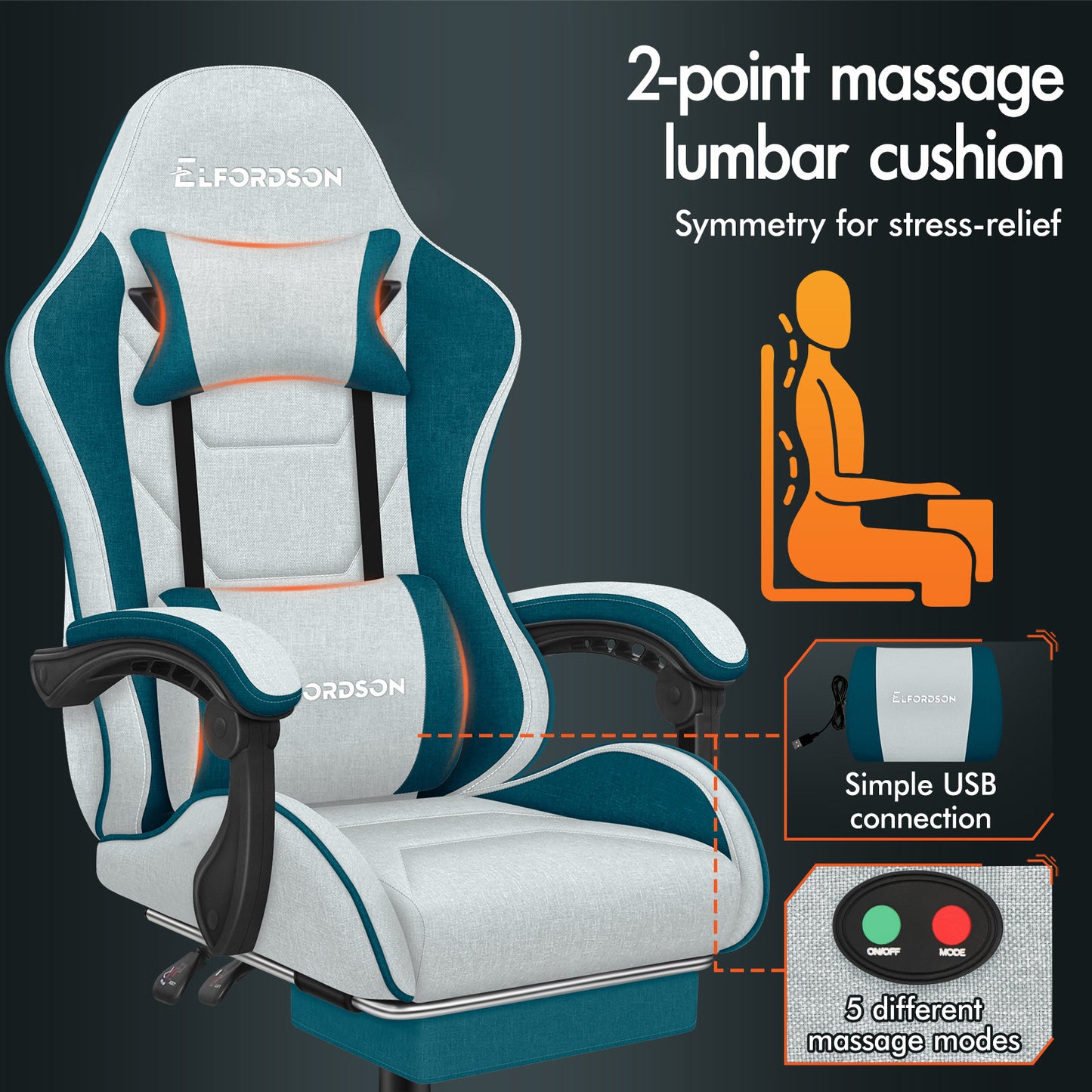 ELFORDSON Gaming Chair with 2-Point Massage Lumbar Cushion, 150° Reclining, Fabric, Dark Teal