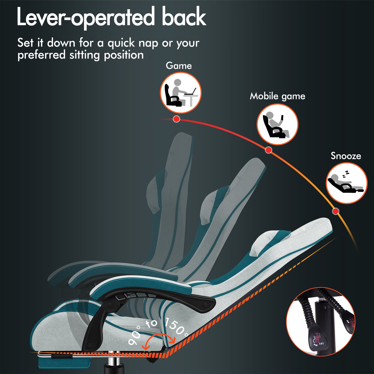 ELFORDSON Gaming Chair with 2-Point Massage Lumbar Cushion, 150° Reclining, Fabric, Dark Teal