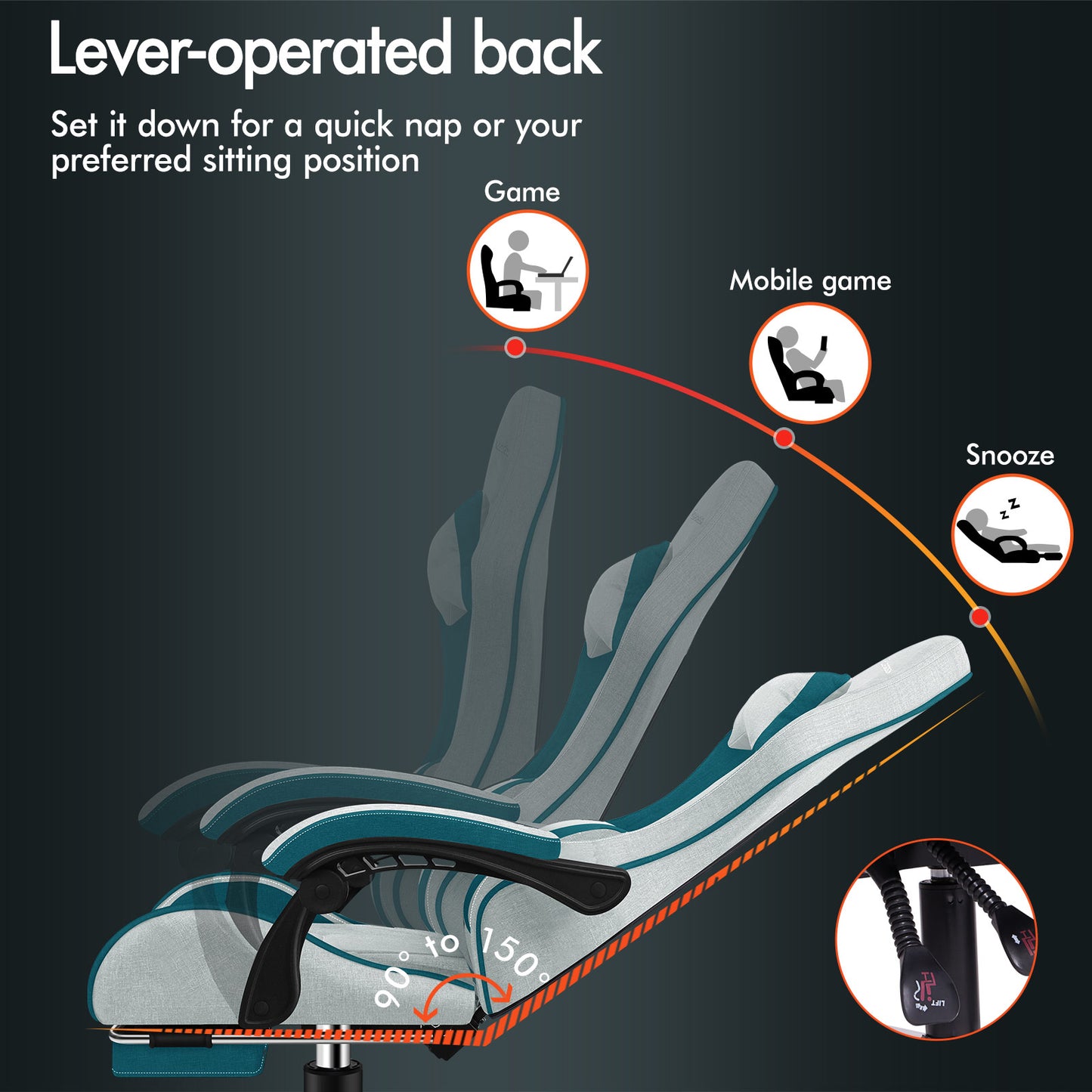 ELFORDSON Gaming Chair with 2-Point Massage Lumbar Cushion, 150° Reclining, Fabric, Dark Teal