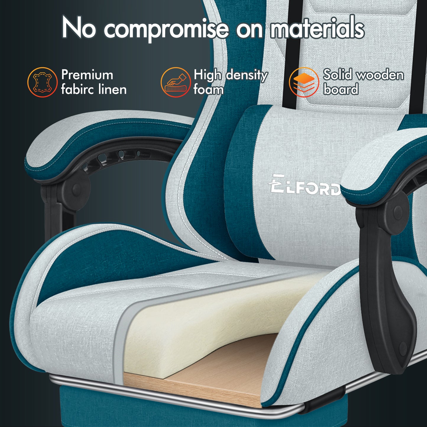 ELFORDSON Gaming Chair with 2-Point Massage Lumbar Cushion, 150° Reclining, Fabric, Dark Teal