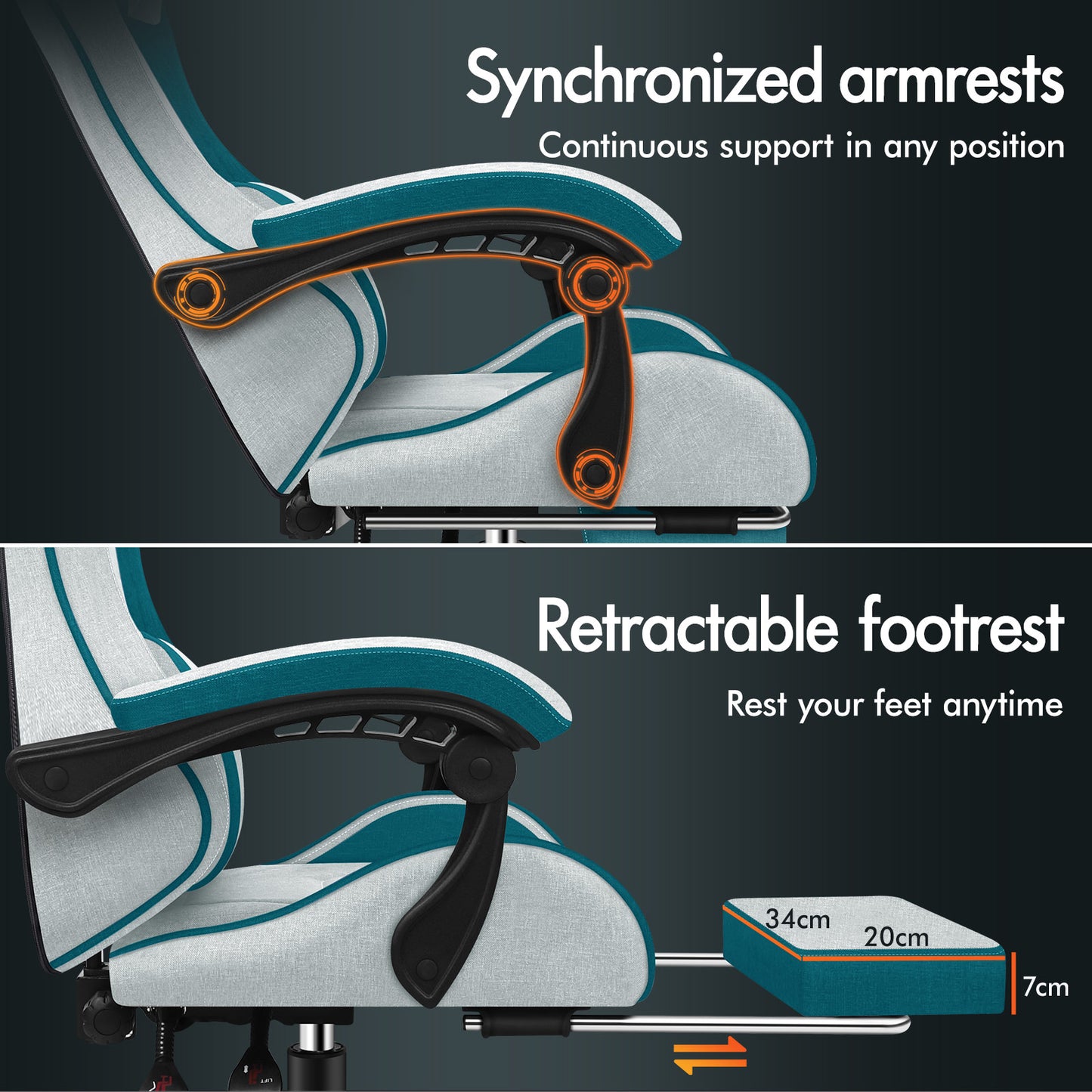 ELFORDSON Gaming Chair with 2-Point Massage Lumbar Cushion, 150° Reclining, Fabric, Dark Teal