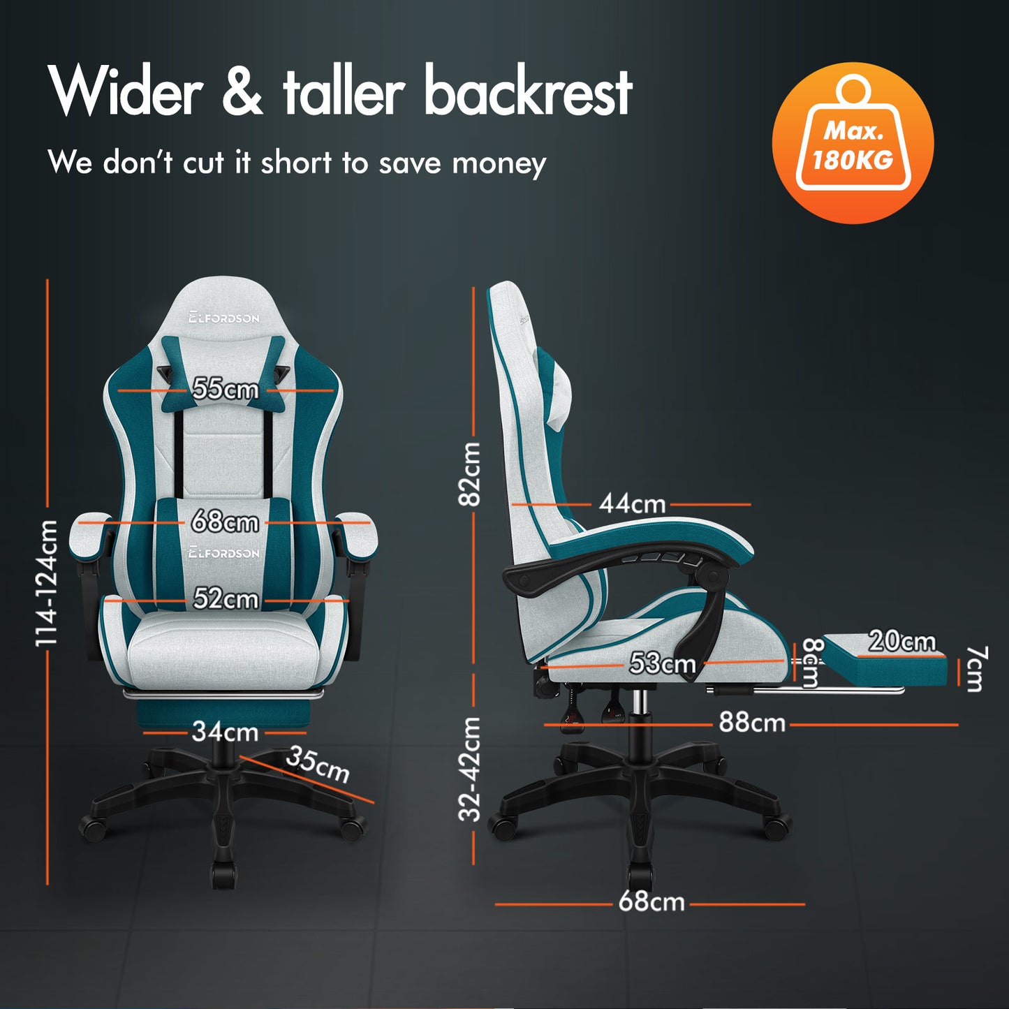 ELFORDSON Gaming Chair with 2-Point Massage Lumbar Cushion, 150° Reclining, Fabric, Dark Teal
