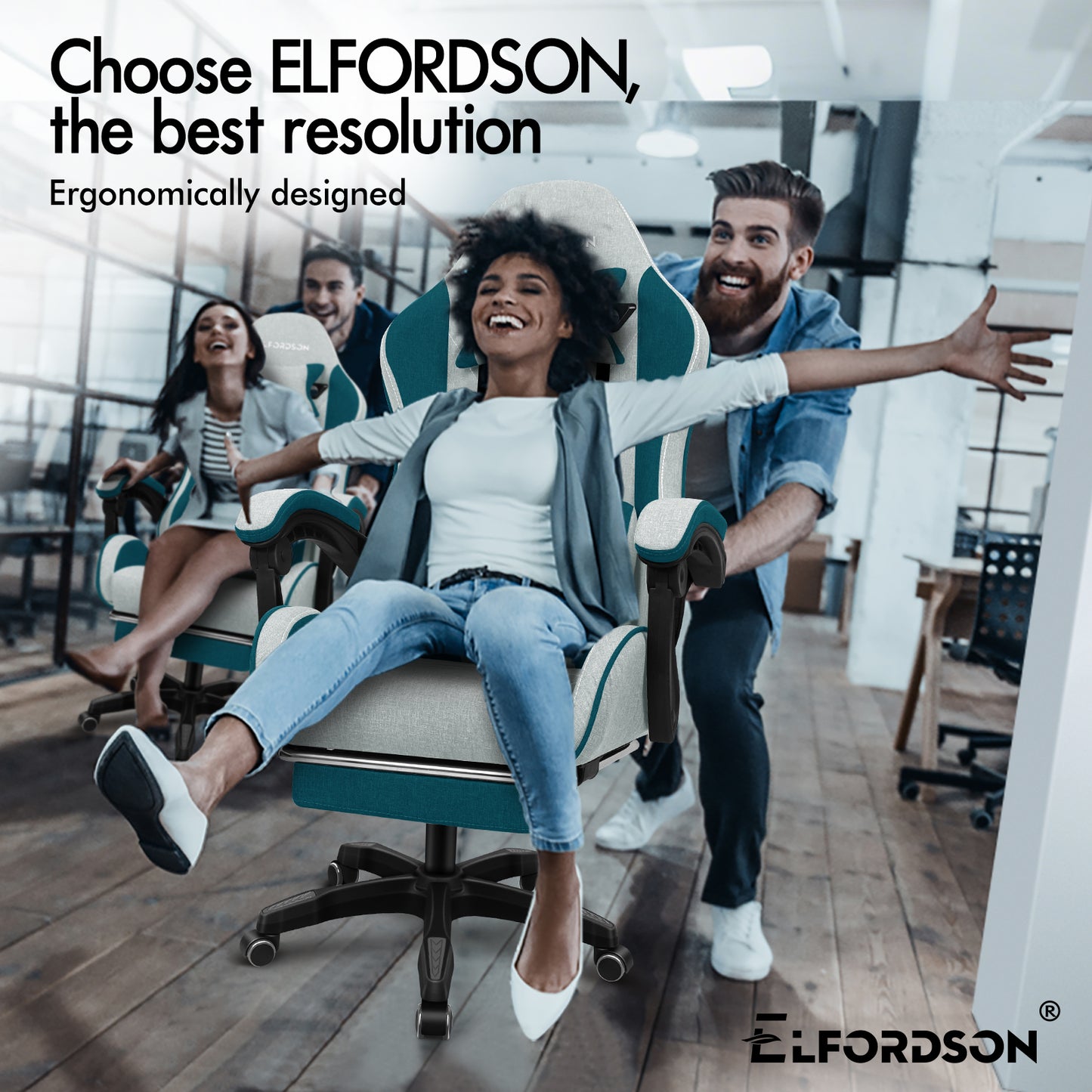 ELFORDSON Gaming Chair with 2-Point Massage Lumbar Cushion, 150° Reclining, Fabric, Dark Teal