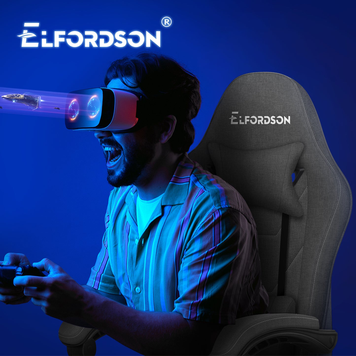 ELFORDSON Gaming Chair with 2-Point Massage Lumbar Cushion, 150° Reclining, Fabric, Dark Grey