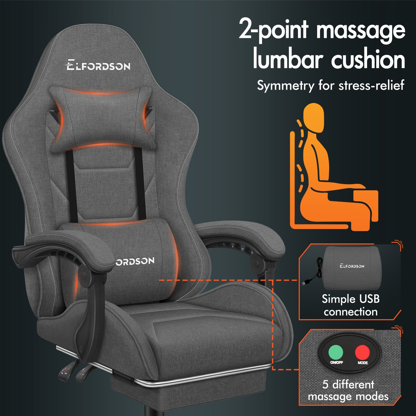 ELFORDSON Gaming Chair with 2-Point Massage Lumbar Cushion, 150° Reclining, Fabric, Dark Grey