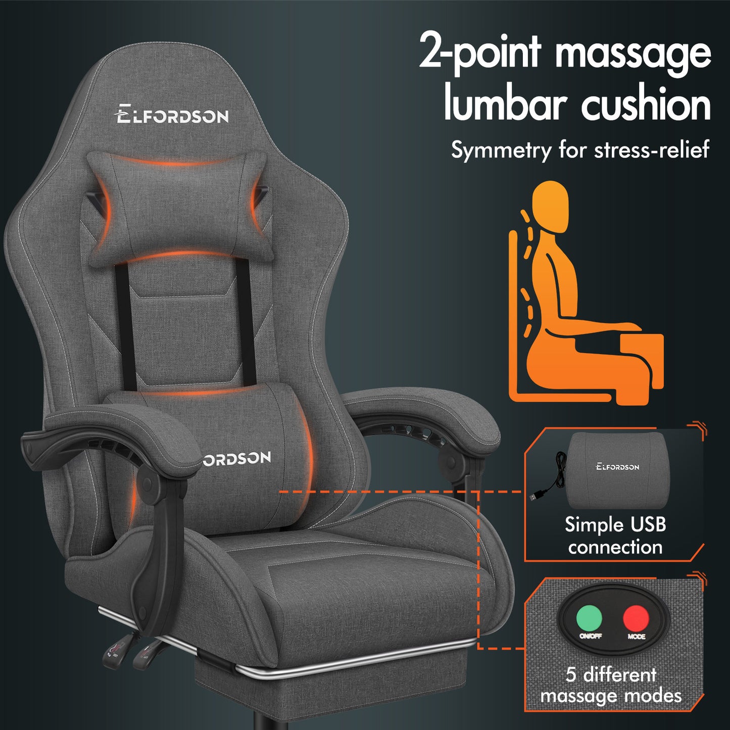 ELFORDSON Gaming Chair with 2-Point Massage Lumbar Cushion, 150° Reclining, Fabric, Dark Grey