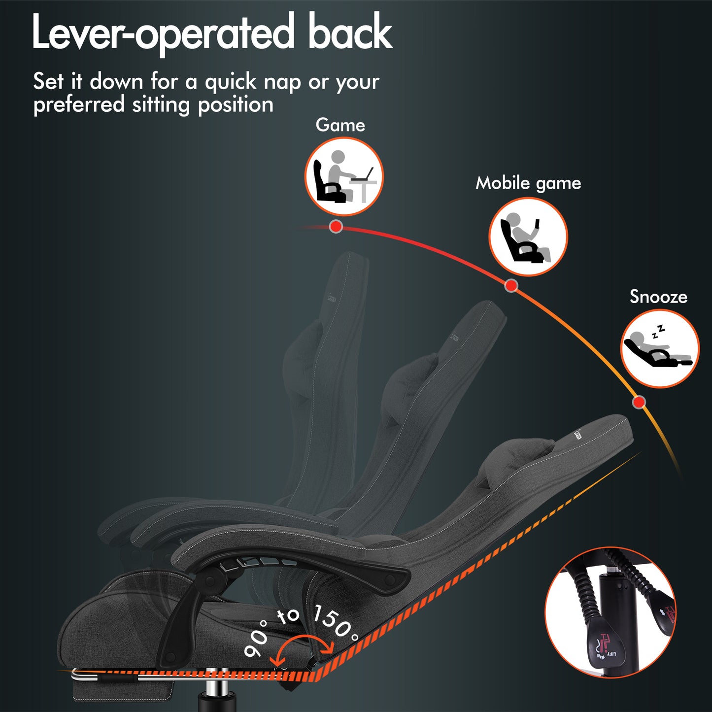 ELFORDSON Gaming Chair with 2-Point Massage Lumbar Cushion, 150° Reclining, Fabric, Dark Grey