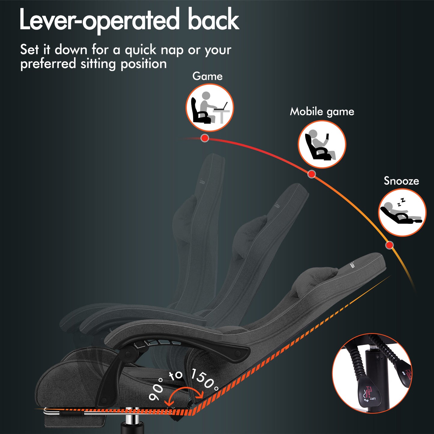 ELFORDSON Gaming Chair with 2-Point Massage Lumbar Cushion, 150° Reclining, Fabric, Dark Grey
