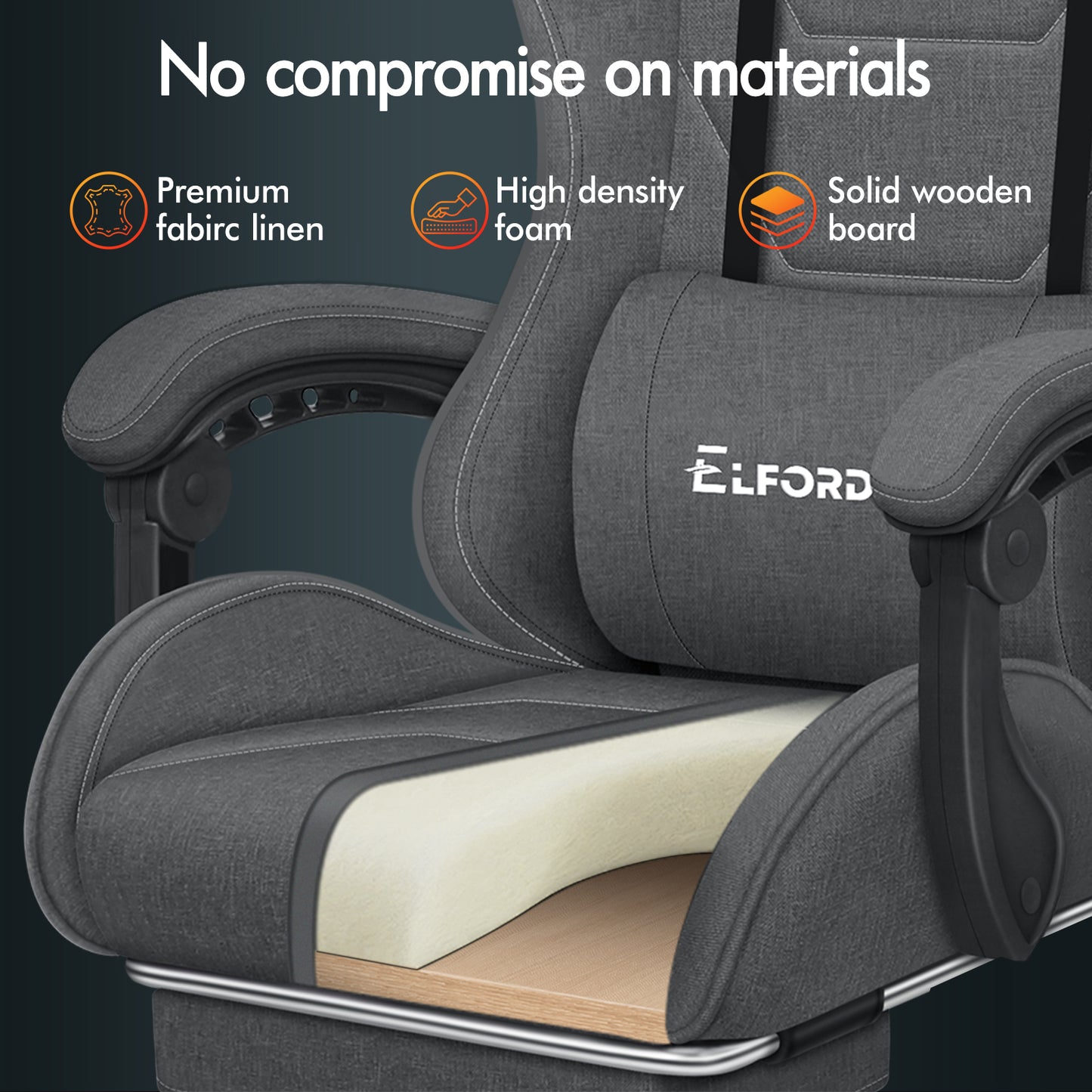 ELFORDSON Gaming Chair with 2-Point Massage Lumbar Cushion, 150° Reclining, Fabric, Dark Grey