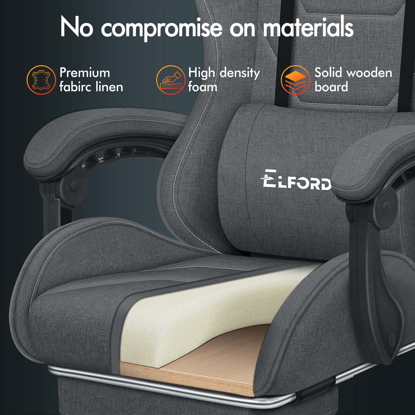ELFORDSON Gaming Chair with 2-Point Massage Lumbar Cushion, 150° Reclining, Fabric, Dark Grey