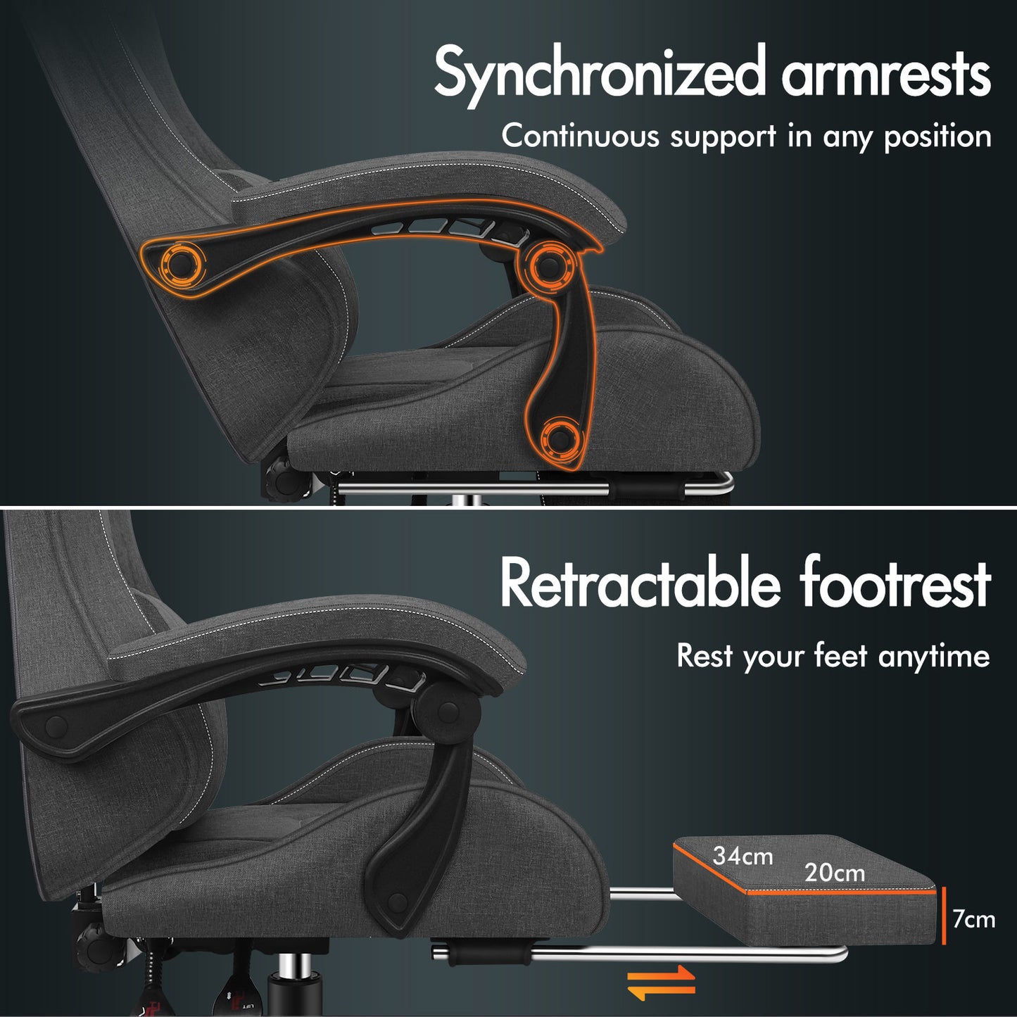 ELFORDSON Gaming Chair with 2-Point Massage Lumbar Cushion, 150° Reclining, Fabric, Dark Grey