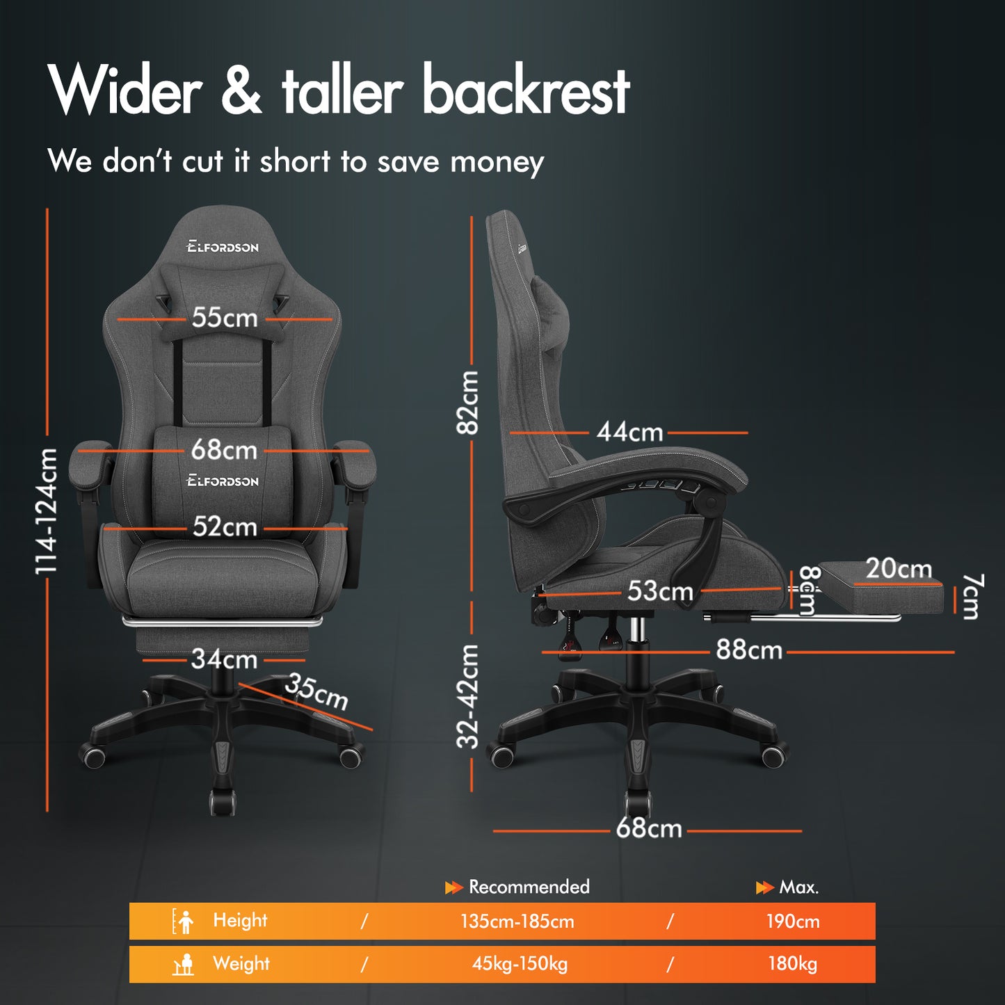ELFORDSON Gaming Chair with 2-Point Massage Lumbar Cushion, 150° Reclining, Fabric, Dark Grey