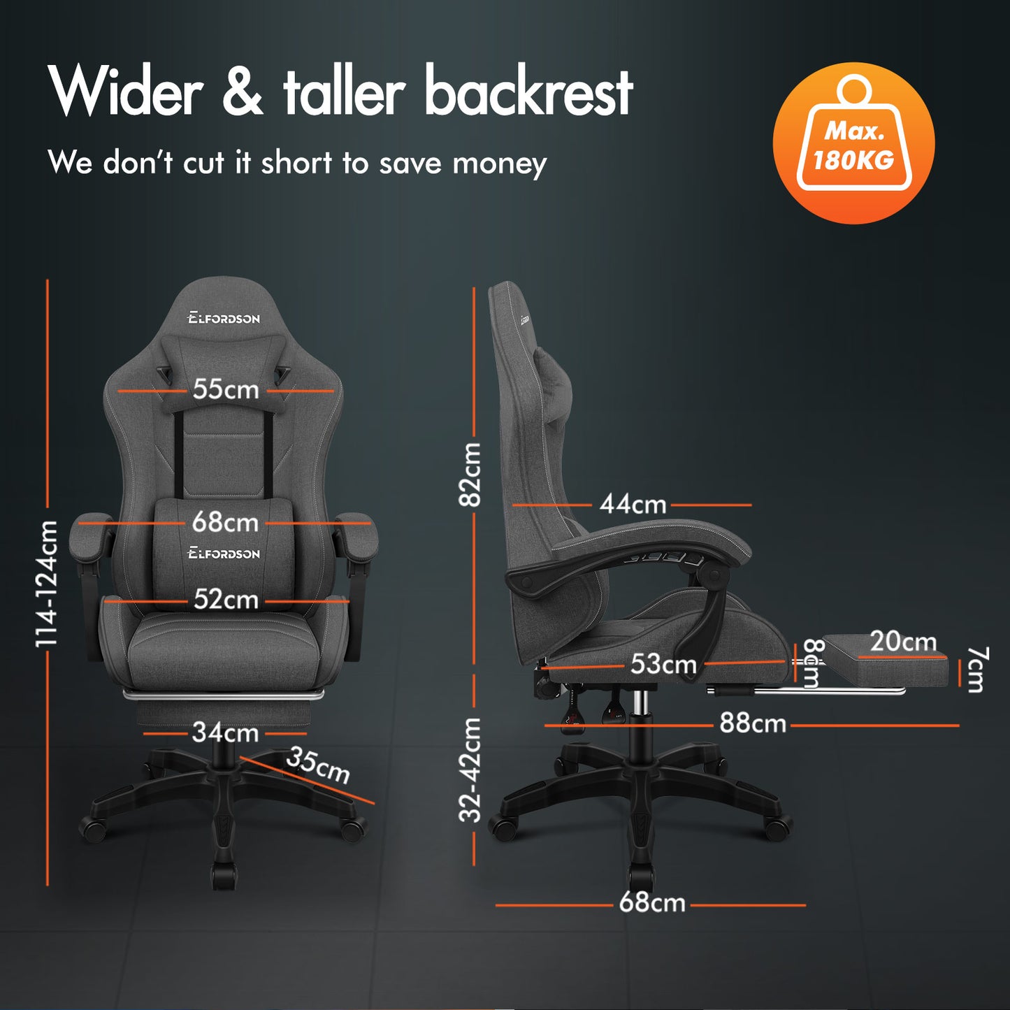 ELFORDSON Gaming Chair with 2-Point Massage Lumbar Cushion, 150° Reclining, Fabric, Dark Grey