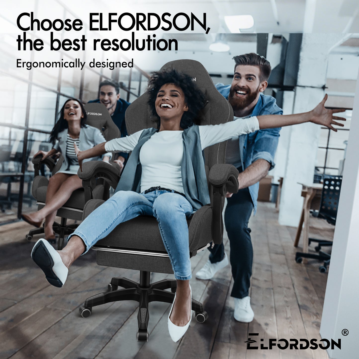ELFORDSON Gaming Chair with 2-Point Massage Lumbar Cushion, 150° Reclining, Fabric, Dark Grey