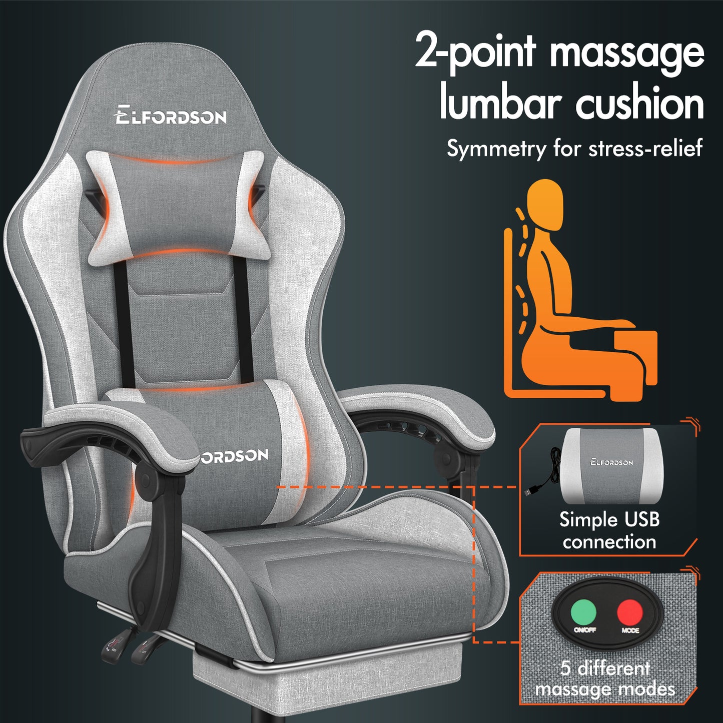 ELFORDSON Gaming Chair with 2-Point Massage Lumbar Cushion, 150° Reclining, Fabric, Light Grey