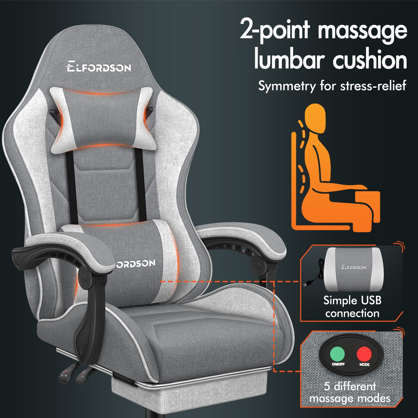ELFORDSON Gaming Chair with 2-Point Massage Lumbar Cushion, 150° Reclining, Fabric, Light Grey