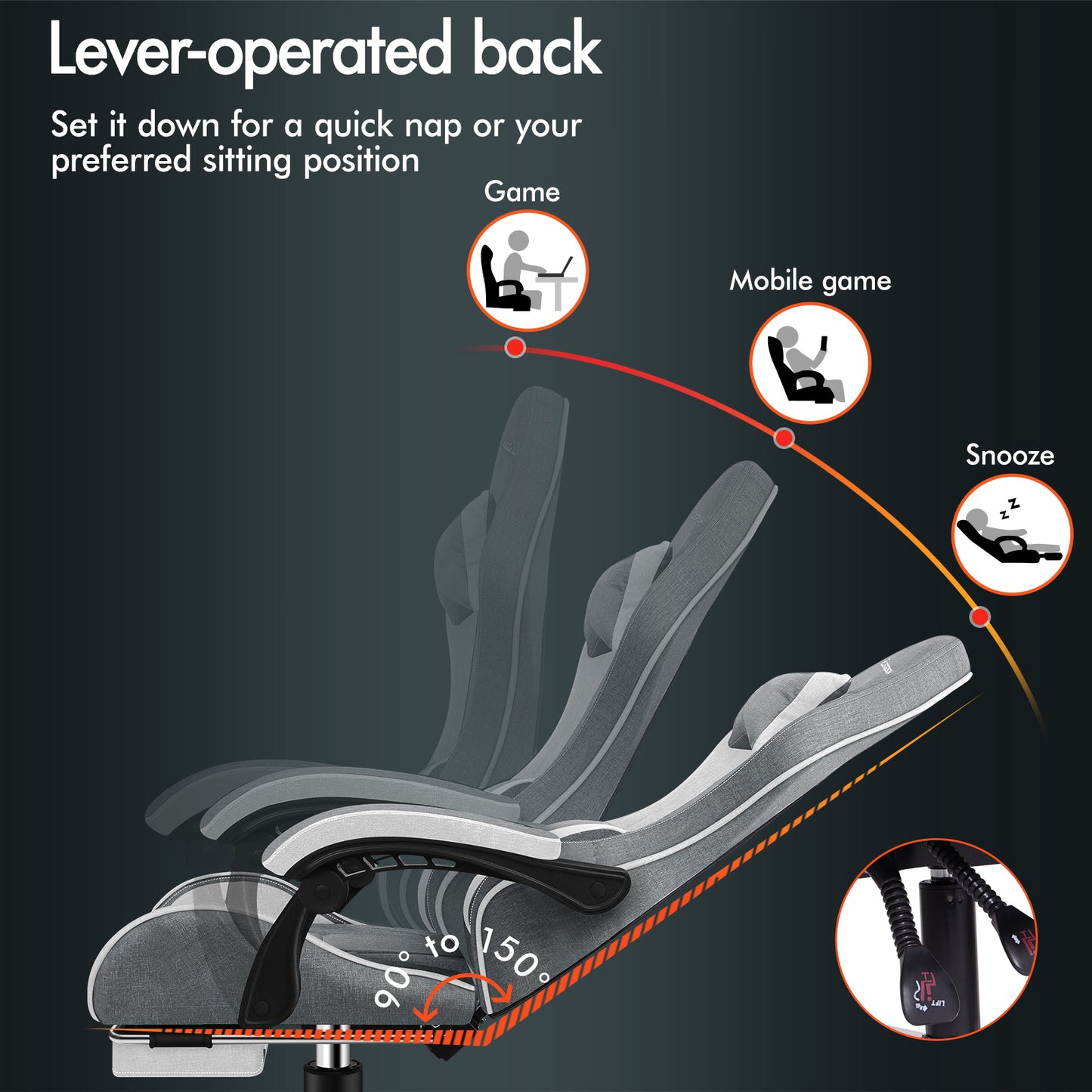 ELFORDSON Gaming Chair with 2-Point Massage Lumbar Cushion, 150° Reclining, Fabric, Light Grey