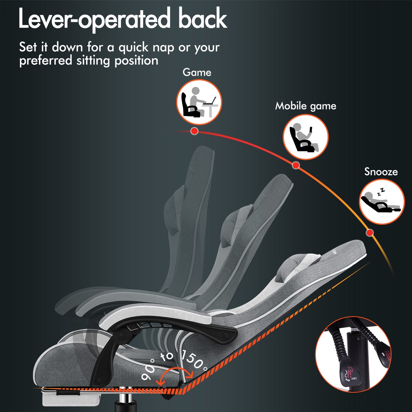ELFORDSON Gaming Chair with 2-Point Massage Lumbar Cushion, 150° Reclining, Fabric, Light Grey