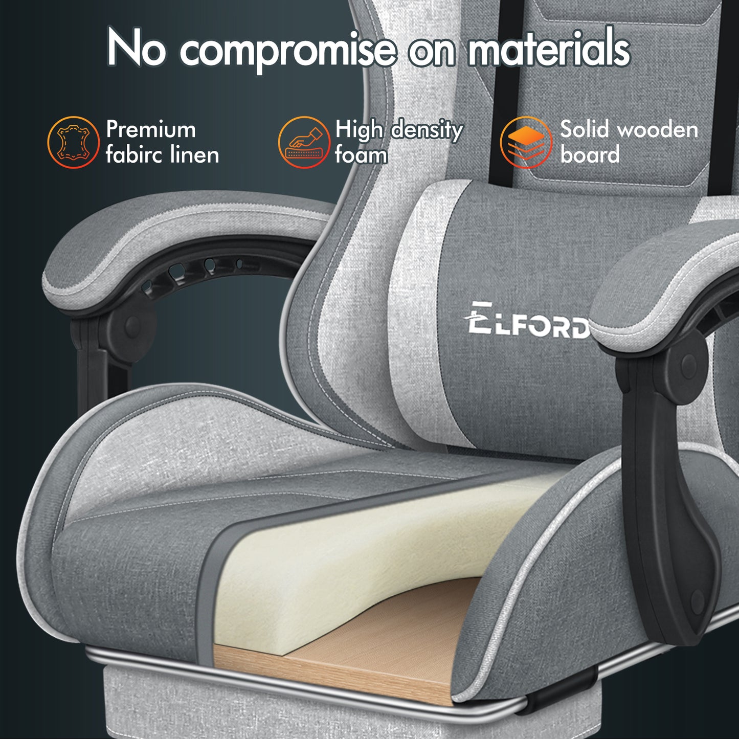 ELFORDSON Gaming Chair with 2-Point Massage Lumbar Cushion, 150° Reclining, Fabric, Light Grey