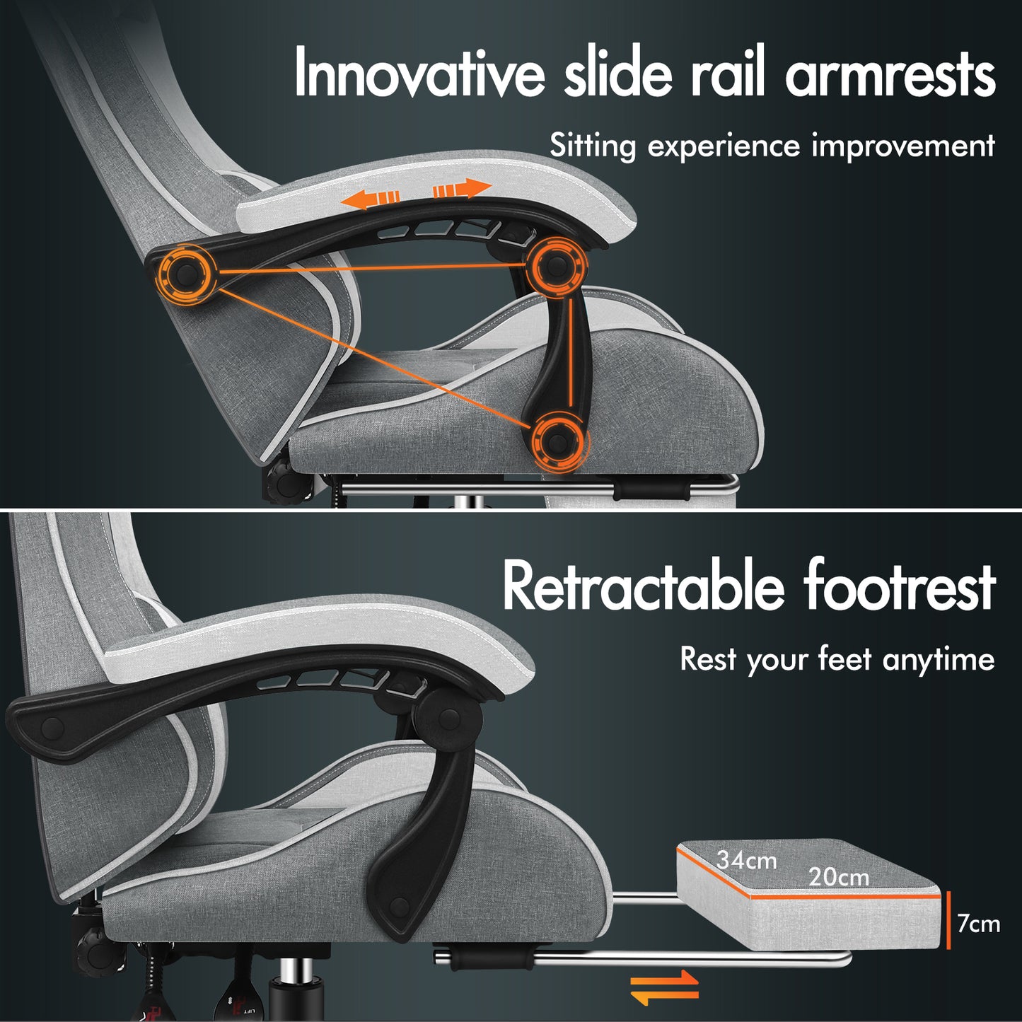 ELFORDSON Gaming Chair with 2-Point Massage Lumbar Cushion, 150° Reclining, Fabric, Light Grey
