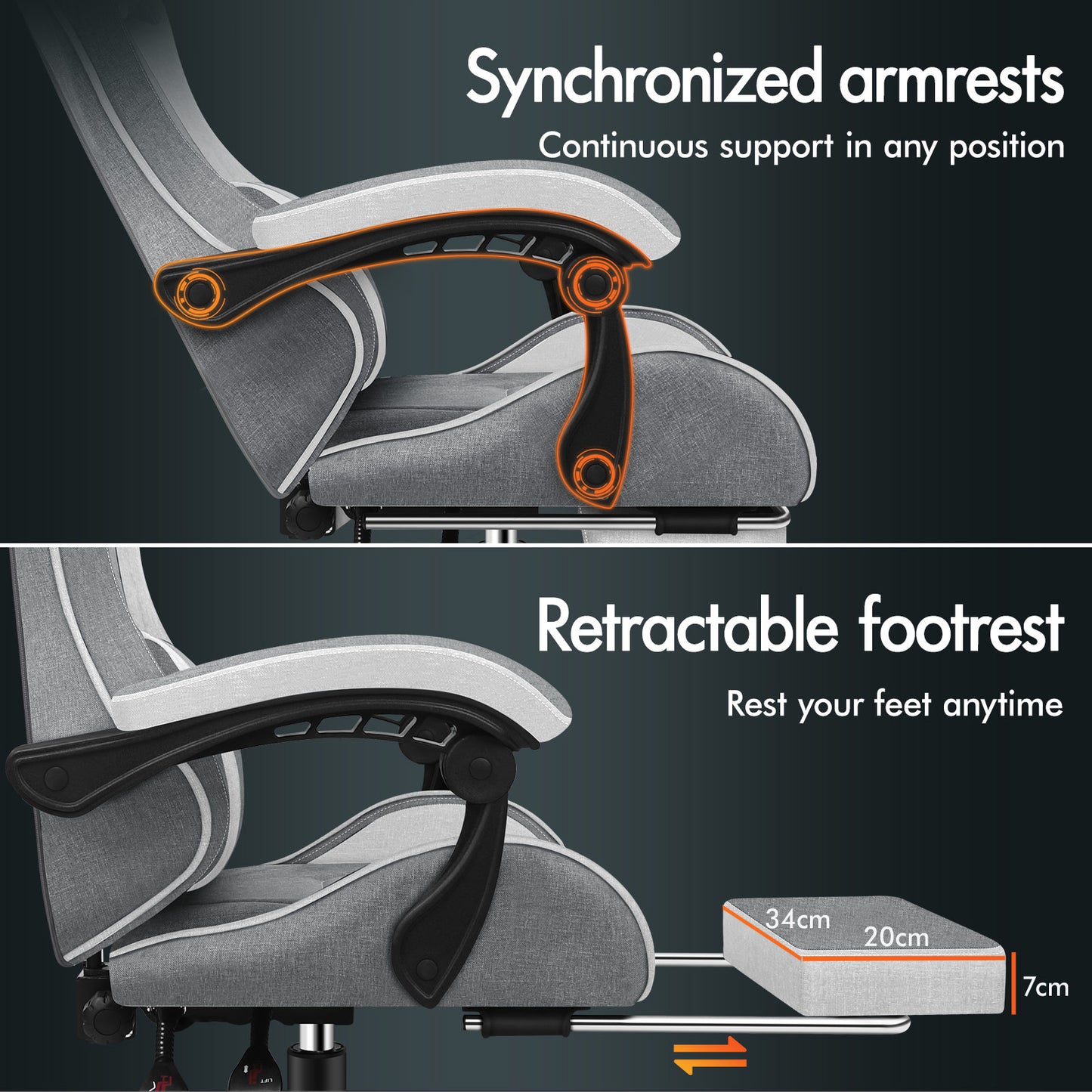 ELFORDSON Gaming Chair with 2-Point Massage Lumbar Cushion, 150° Reclining, Fabric, Light Grey