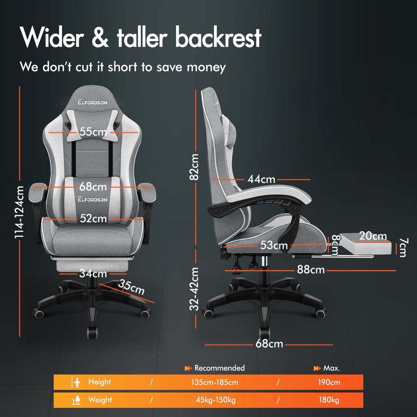 ELFORDSON Gaming Chair with 2-Point Massage Lumbar Cushion, 150° Reclining, Fabric, Light Grey