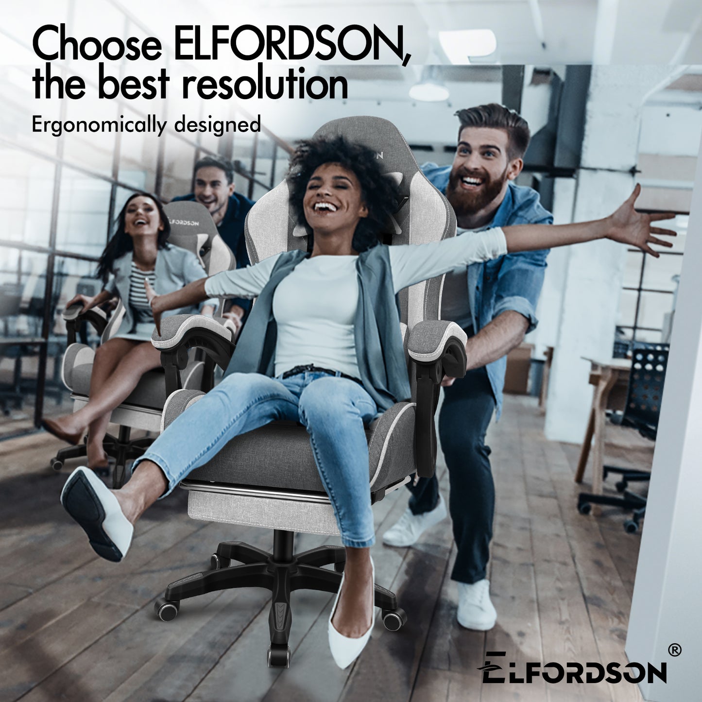 ELFORDSON Gaming Chair with 2-Point Massage Lumbar Cushion, 150° Reclining, Fabric, Light Grey