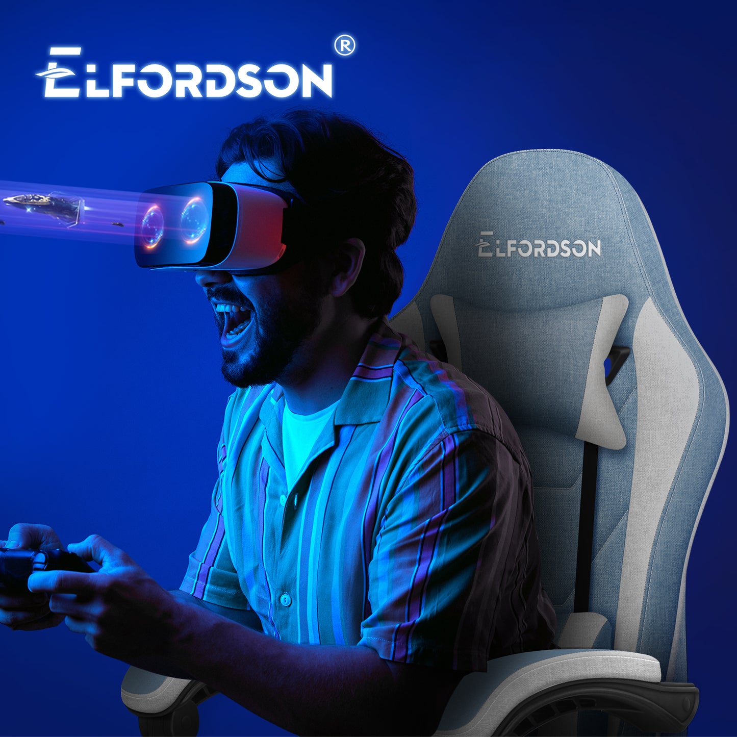 ELFORDSON Gaming Chair with 2-Point Massage Lumbar Cushion, 150° Reclining, Fabric, Blue