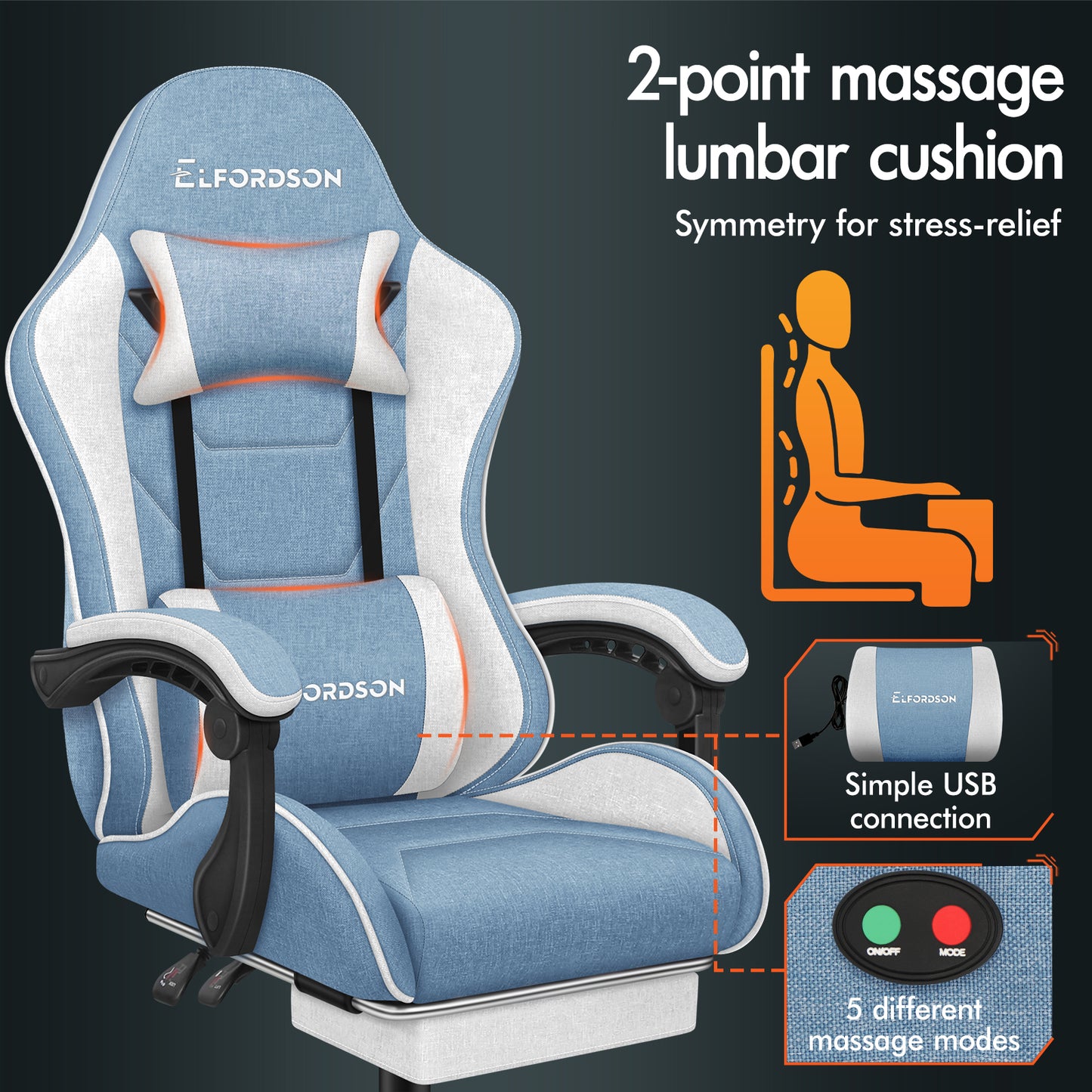 ELFORDSON Gaming Chair with 2-Point Massage Lumbar Cushion, 150° Reclining, Fabric, Blue