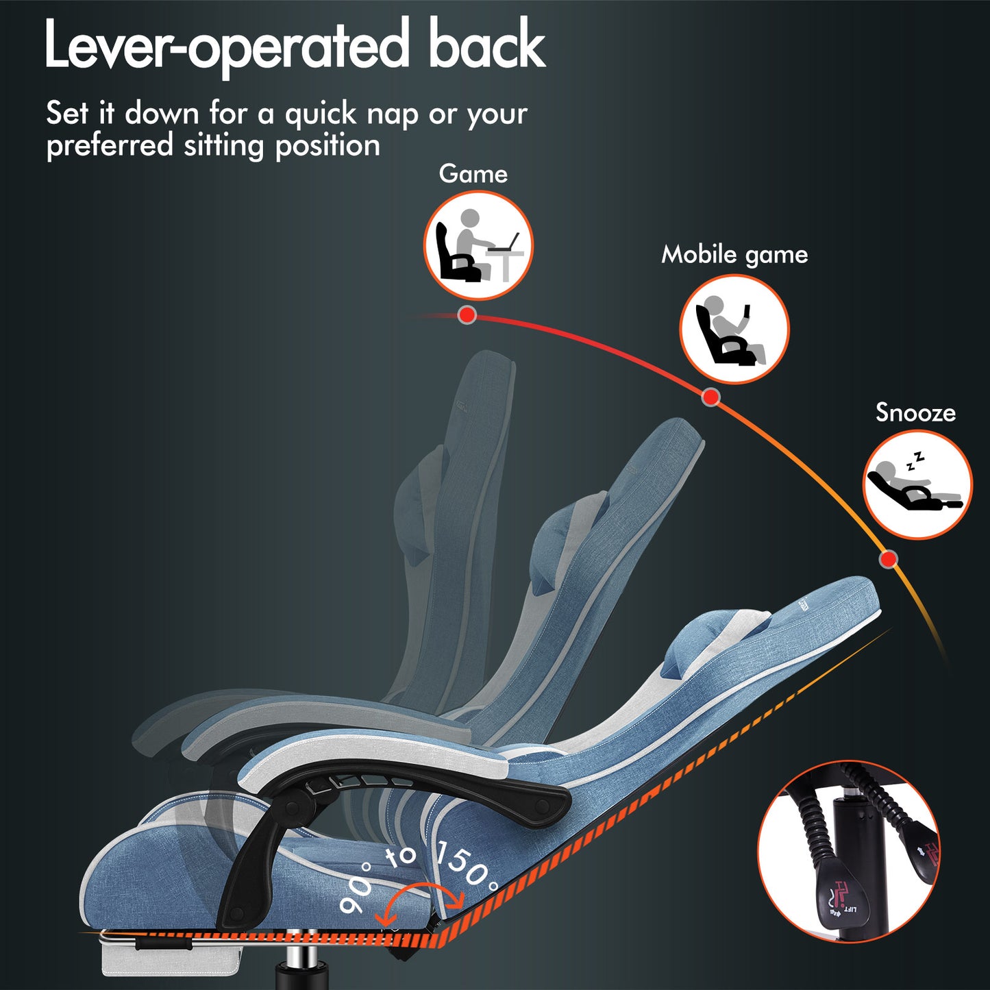 ELFORDSON Gaming Chair with 2-Point Massage Lumbar Cushion, 150° Reclining, Fabric, Blue