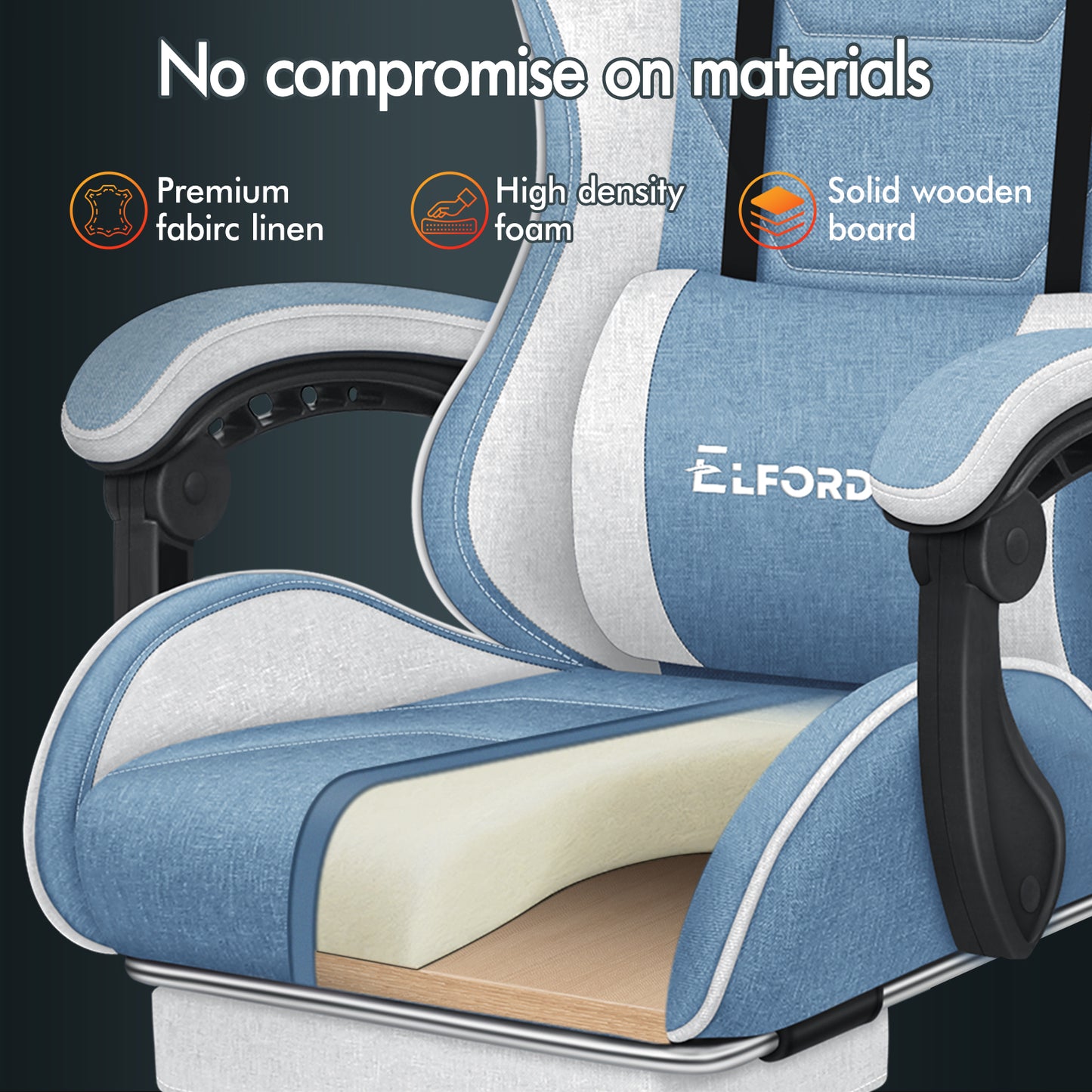 ELFORDSON Gaming Chair with 2-Point Massage Lumbar Cushion, 150° Reclining, Fabric, Blue